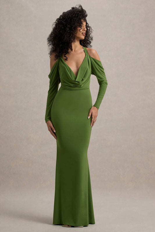 Hurghada | Green Plunge-Neck Long-Sleeve Maxi Dress