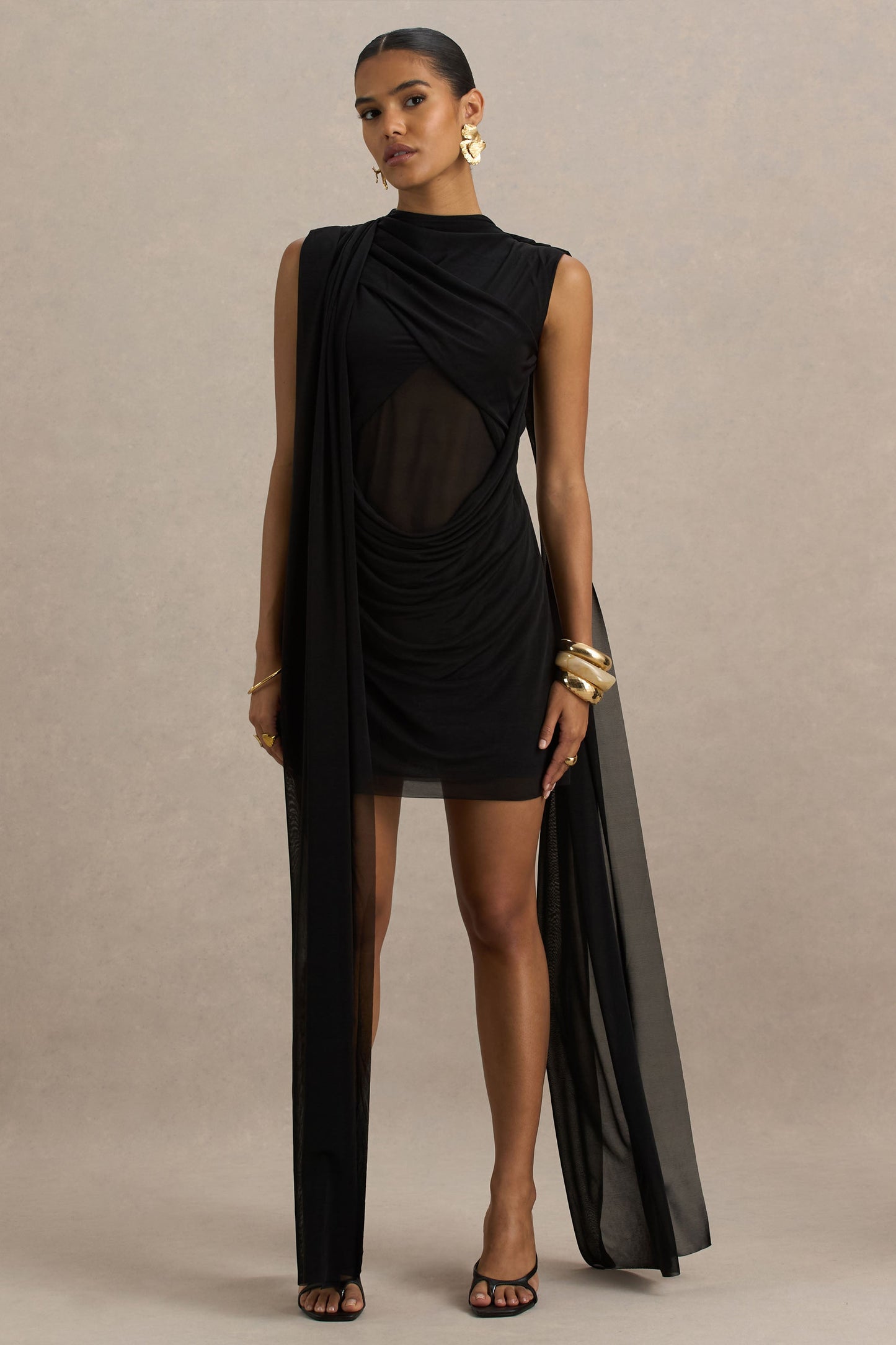 Riad | Black Chiffon Mini Dress With Two-Sleeve Cape