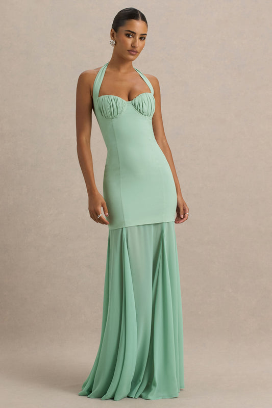 Kirby | Sage Corset Halter-Neck Maxi Dress With Sheer Detail
