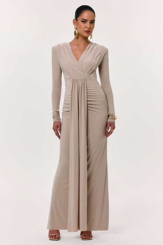 Flashy | Champagne Plunge-Neck Maxi Dress With Ruched Detailing