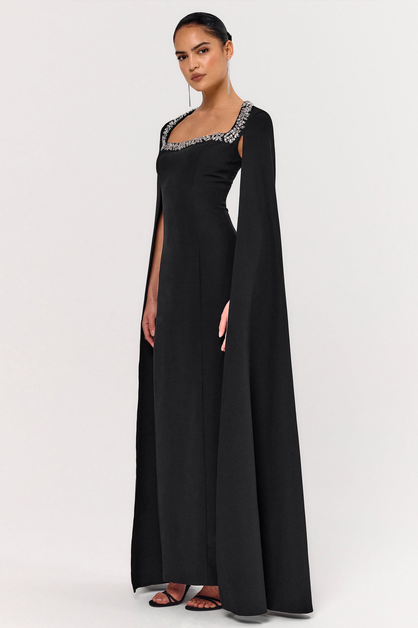 Glossy | Black Woven Square-Neck Maxi Dress With Cape Sleeves and Embellished Detail