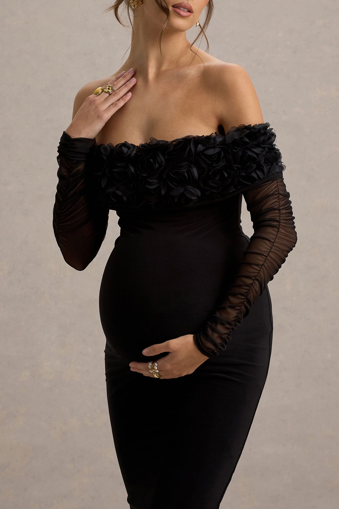 Adita | Black Mesh Floral Bardot Maternity Midi Dress