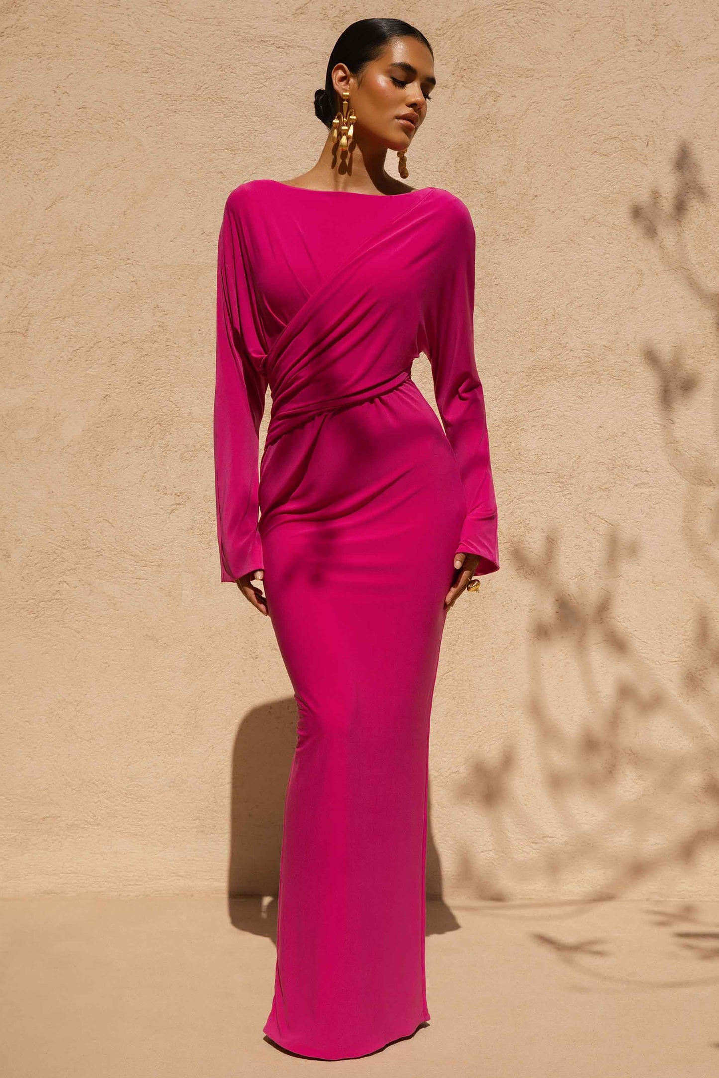 Regina | Hot Pink High-Neck Draped Wrap Maxi Dress