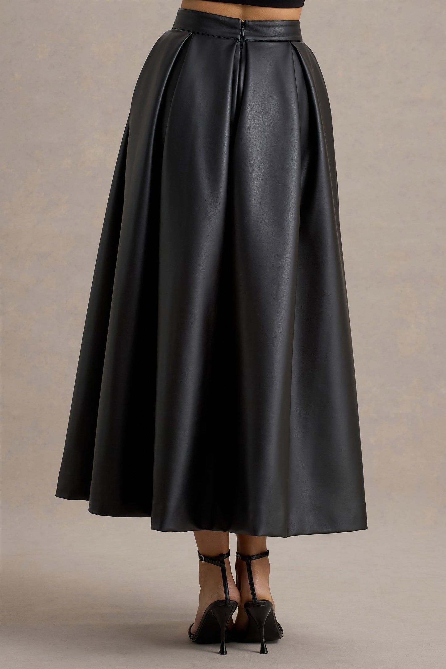 Noa | Black Faux Leather A-Line Midi Skirt