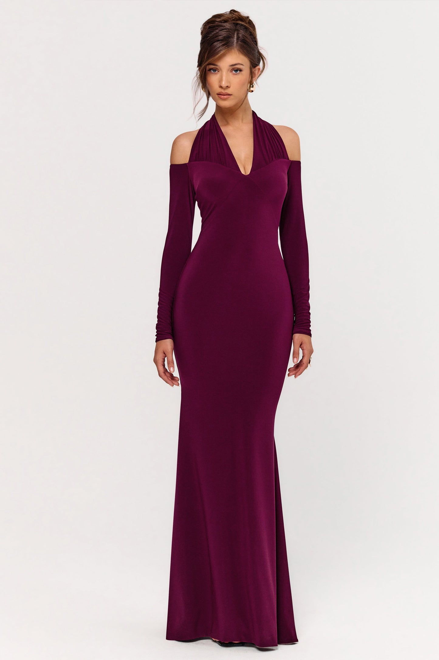 Living High | Burgundy Halter-Neck Maxi Dress With Long Sleeves