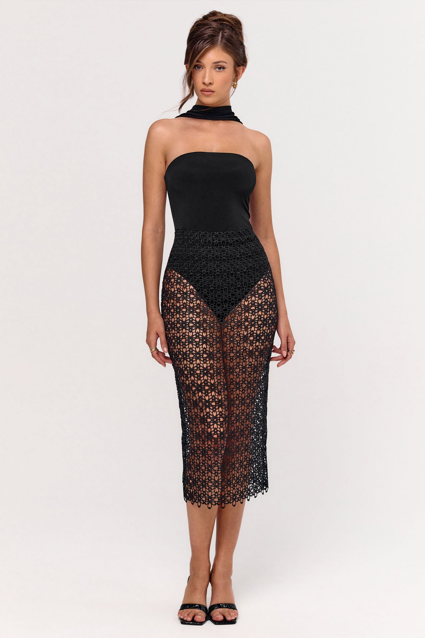 Tamala | Black High-Neck Midi Dress With Lace Skirt