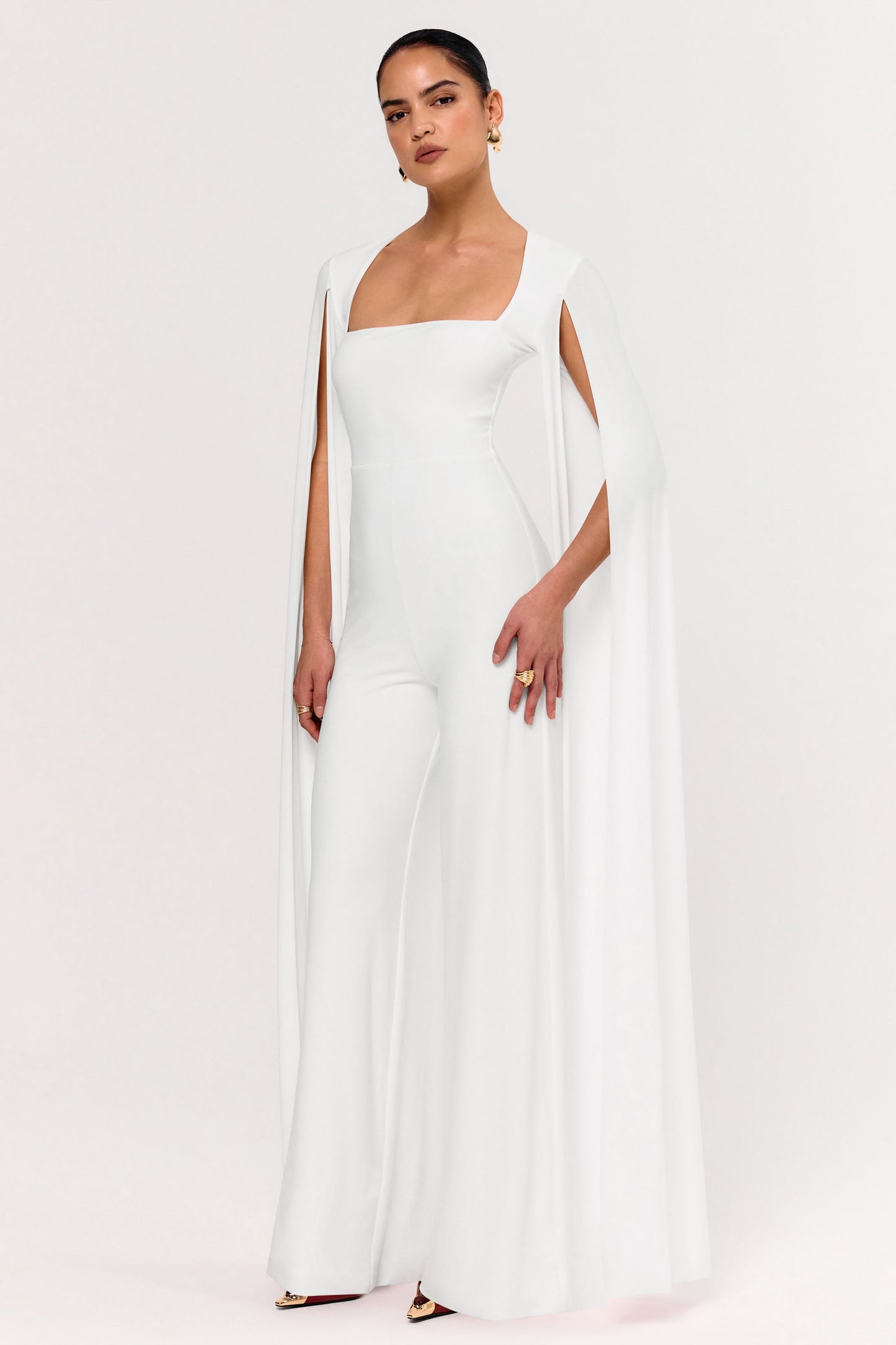 Zara | White Square-Neck Jumpsuit With Cape Sleeves