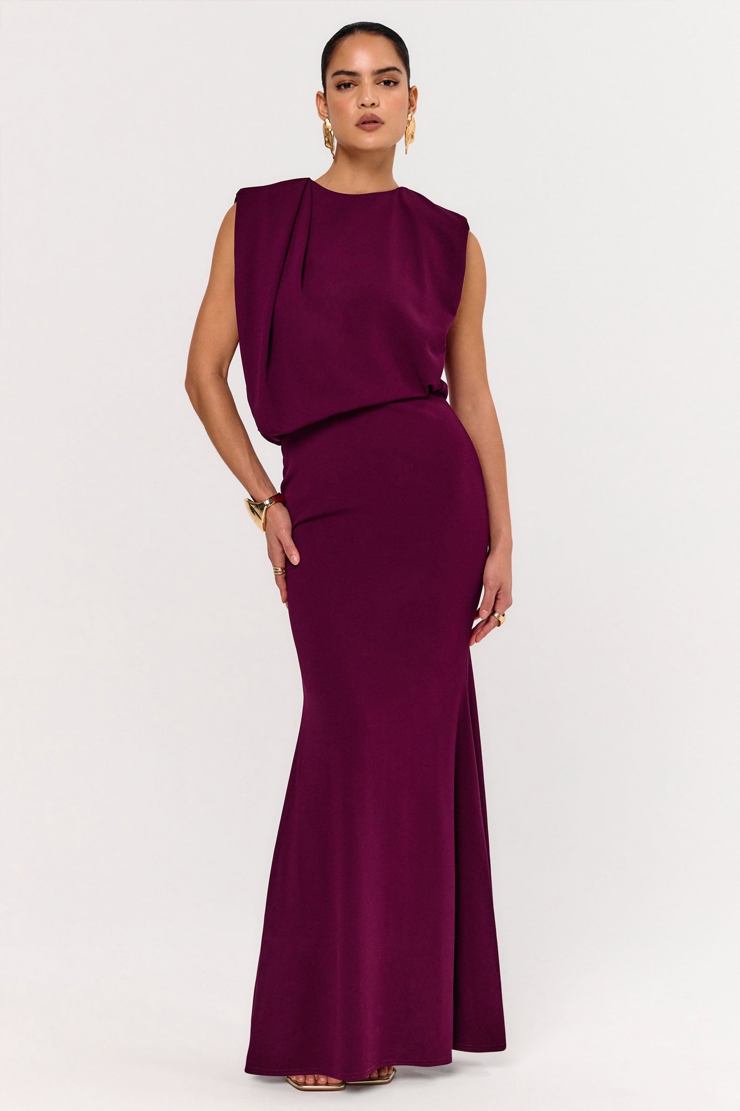 Meave | Burgundy High Neck Maxi Dress With Draping Detail