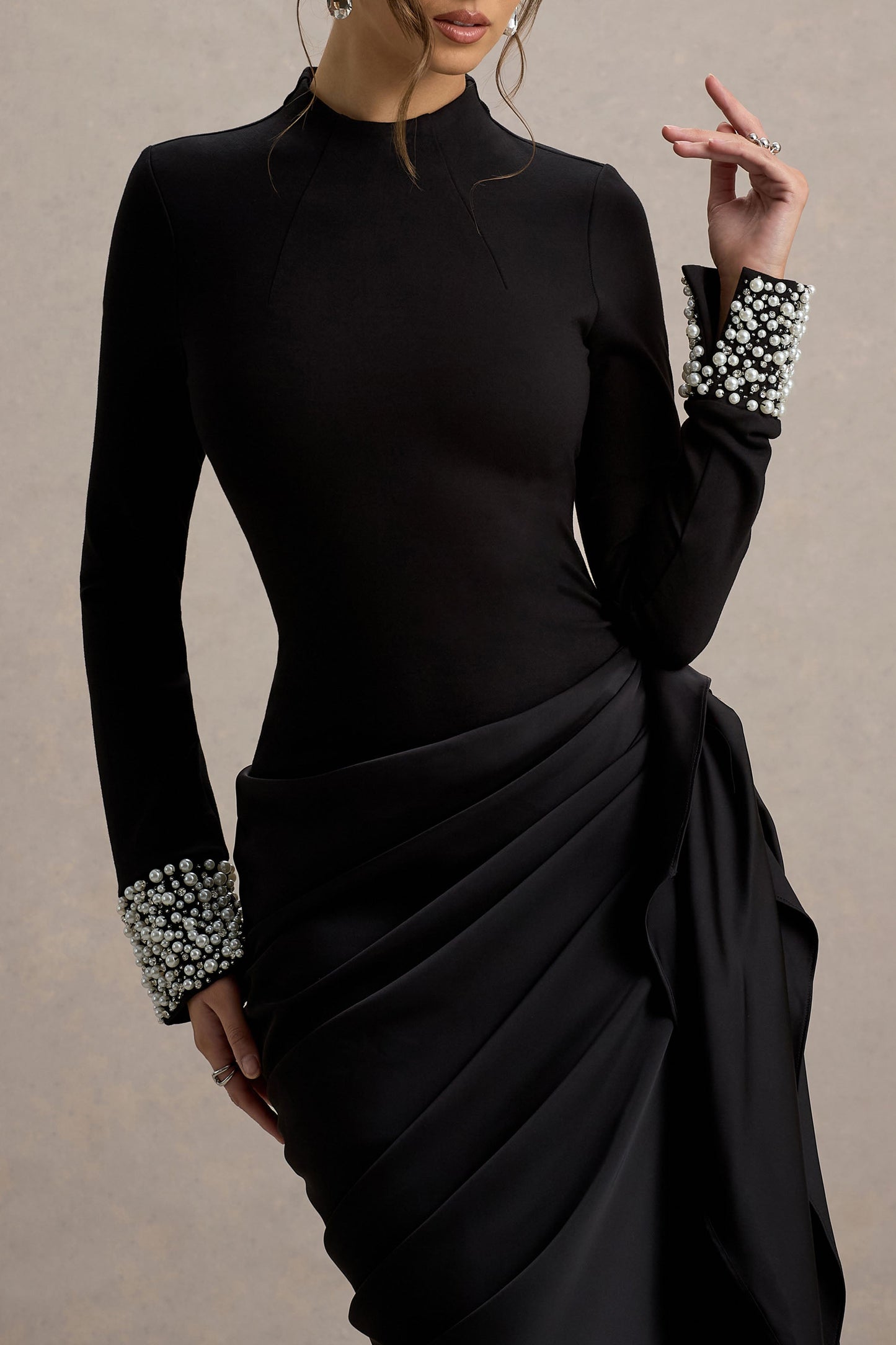 Luanna | Black Satin Long-Sleeve Midi Dress With Draped Skirt
