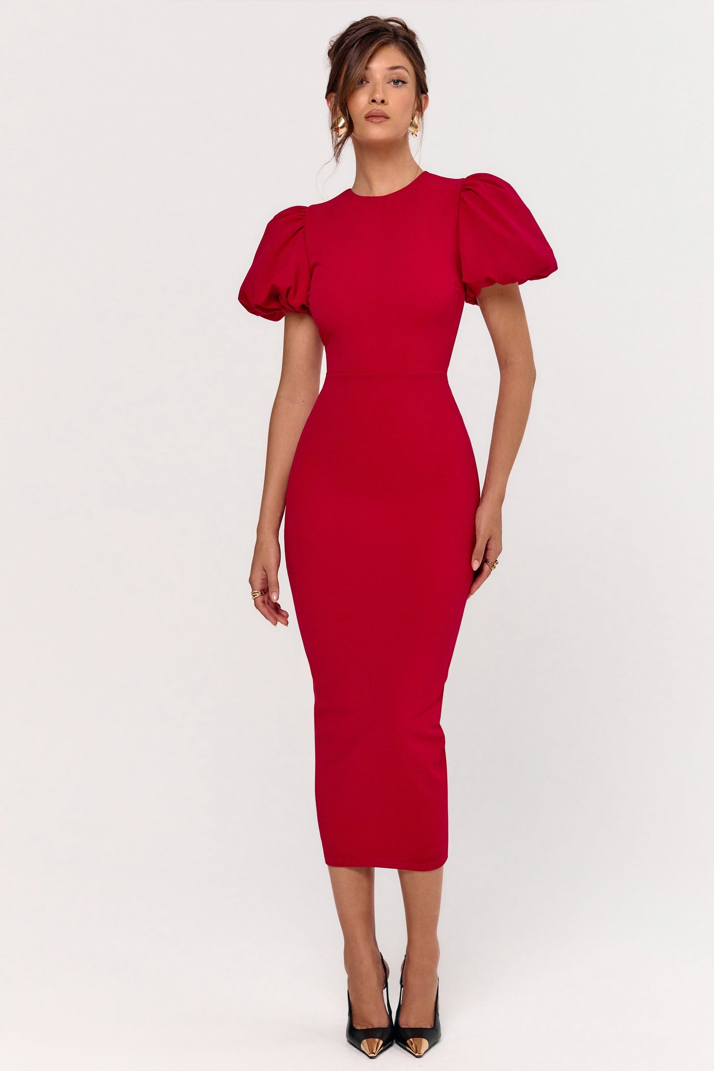 Dakota | Red Puff-Sleeve Midi Dress