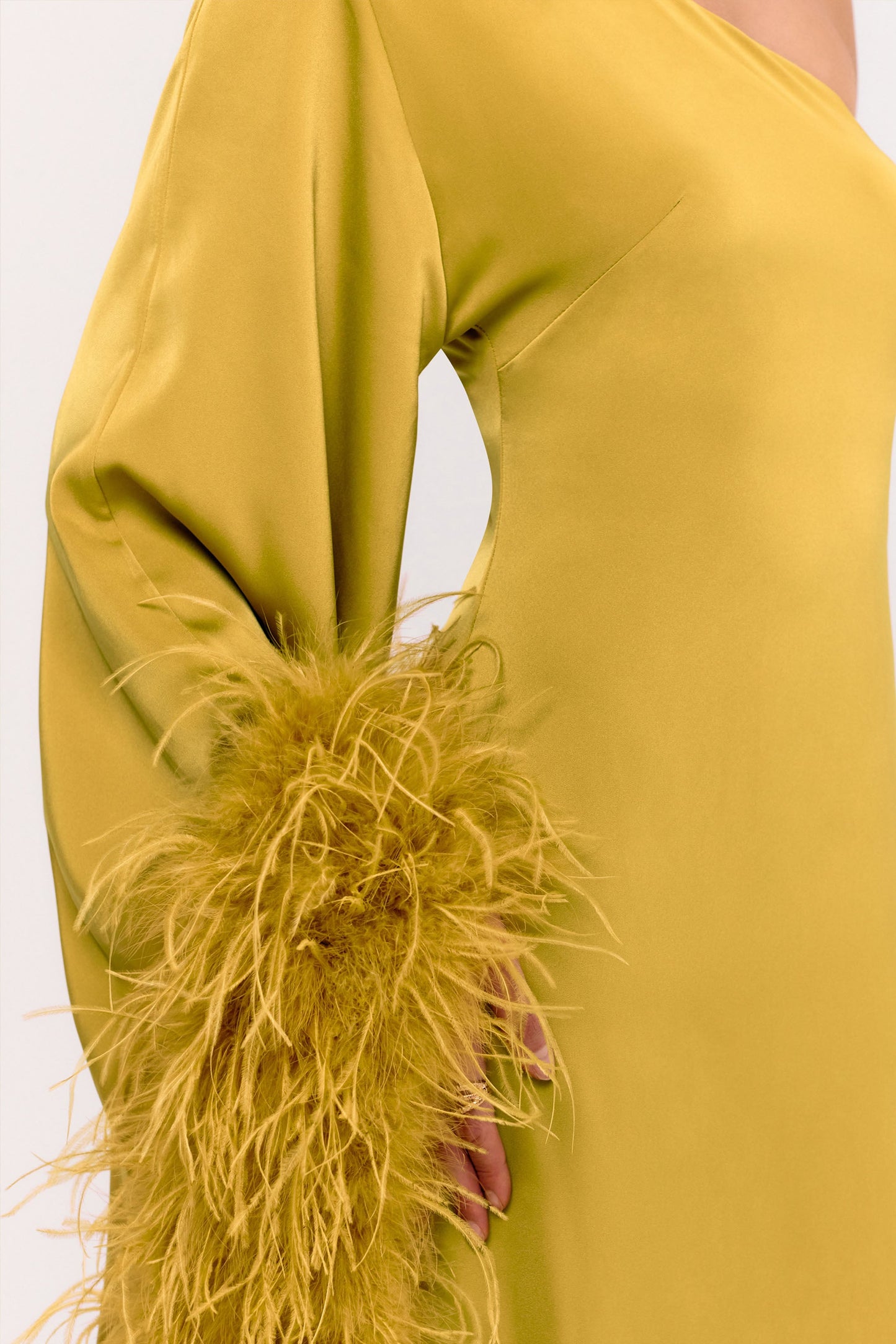 Destiny | Yellow Satin Asymmetric-Neck Midi Dress With Feather Details