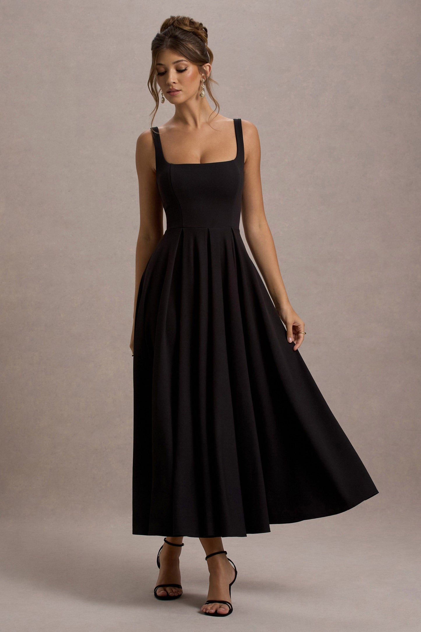 Parina | Black Strappy Volume-Hem Midi Dress