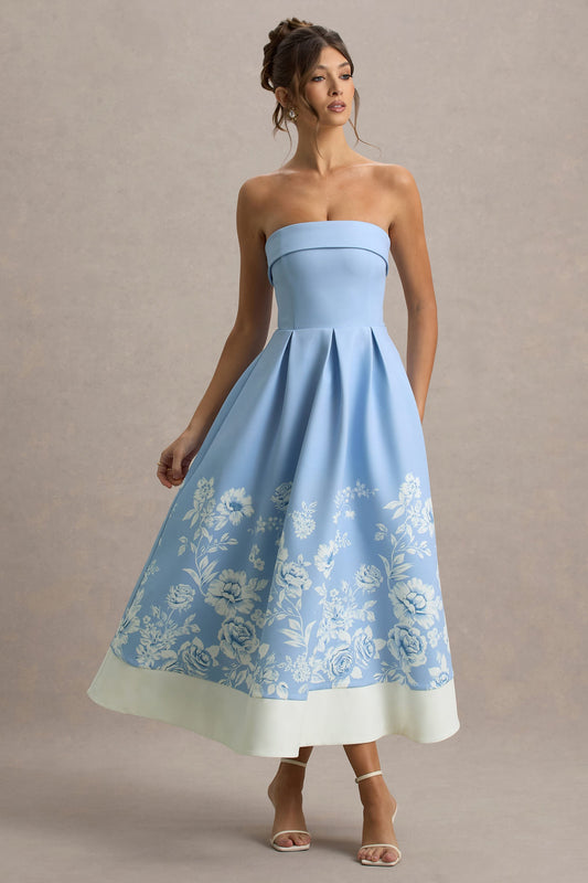 Annalise | Light Blue Floral Print Bandeau Skater Midi Dress