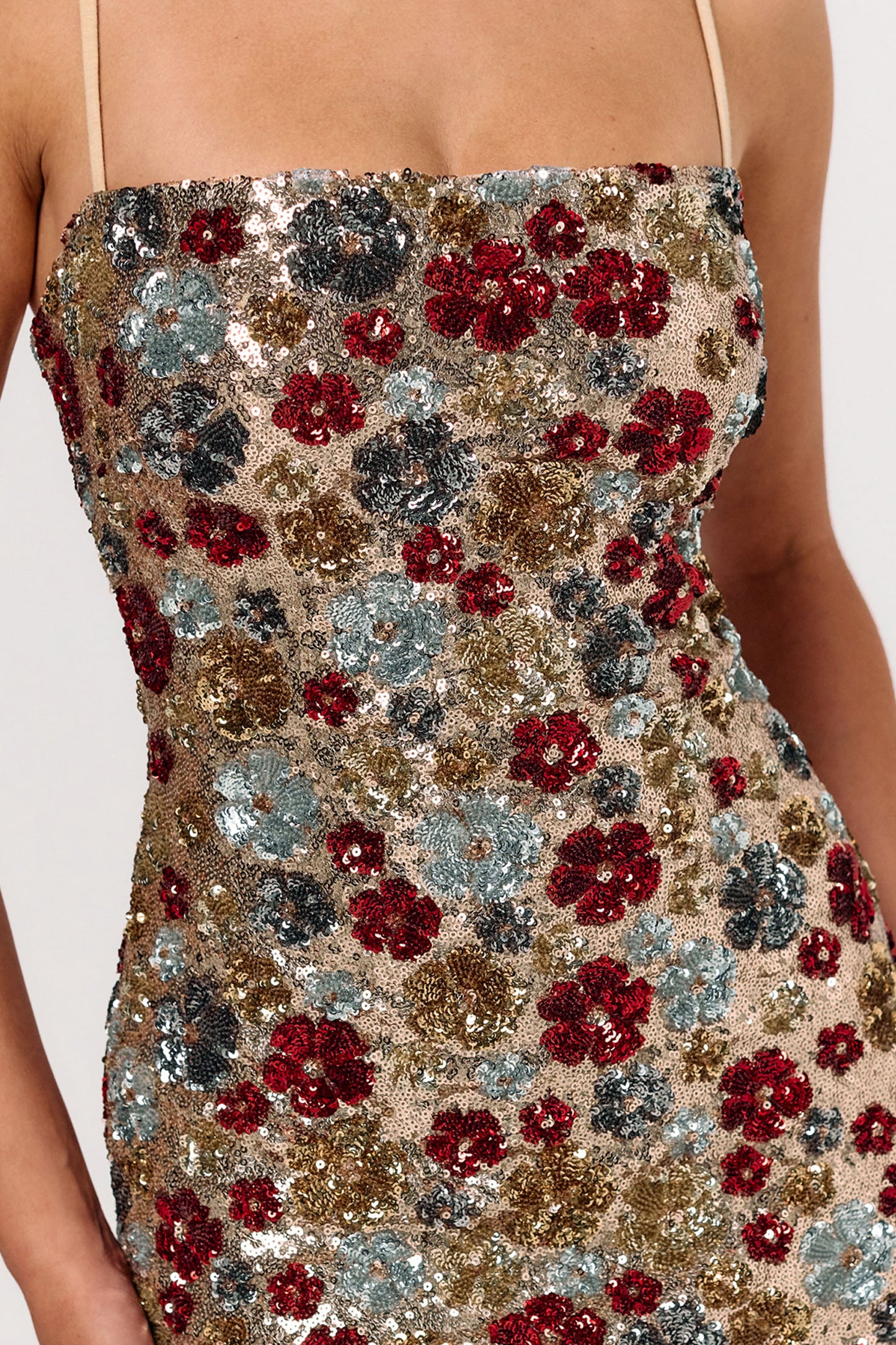 Vitora | Red Floral Sequin Square-Neck Maxi Dress