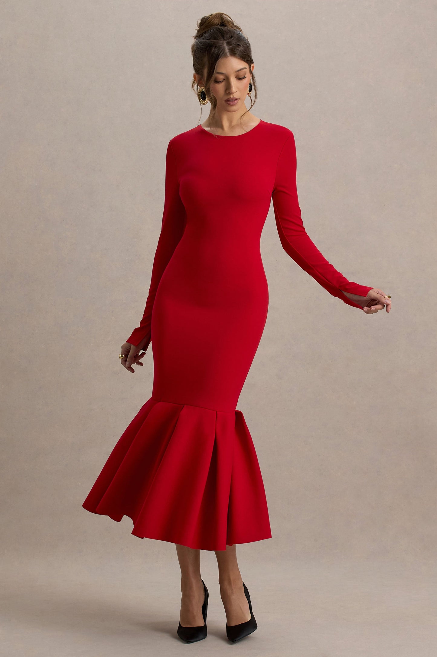 Liberty | Red High Neck Mermaid Maxi Dress With Ruffling Detail