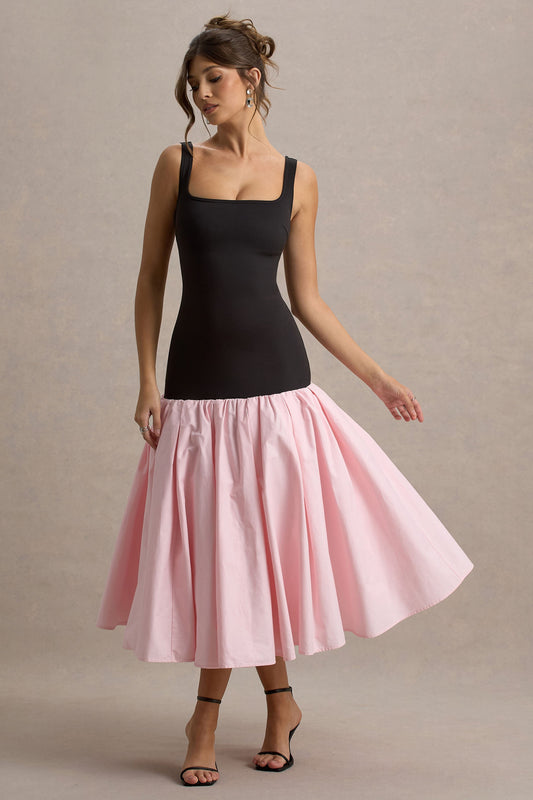 Parida | Black & Pink Poplin Drop-Waist Midi Dress With Peplum Hem