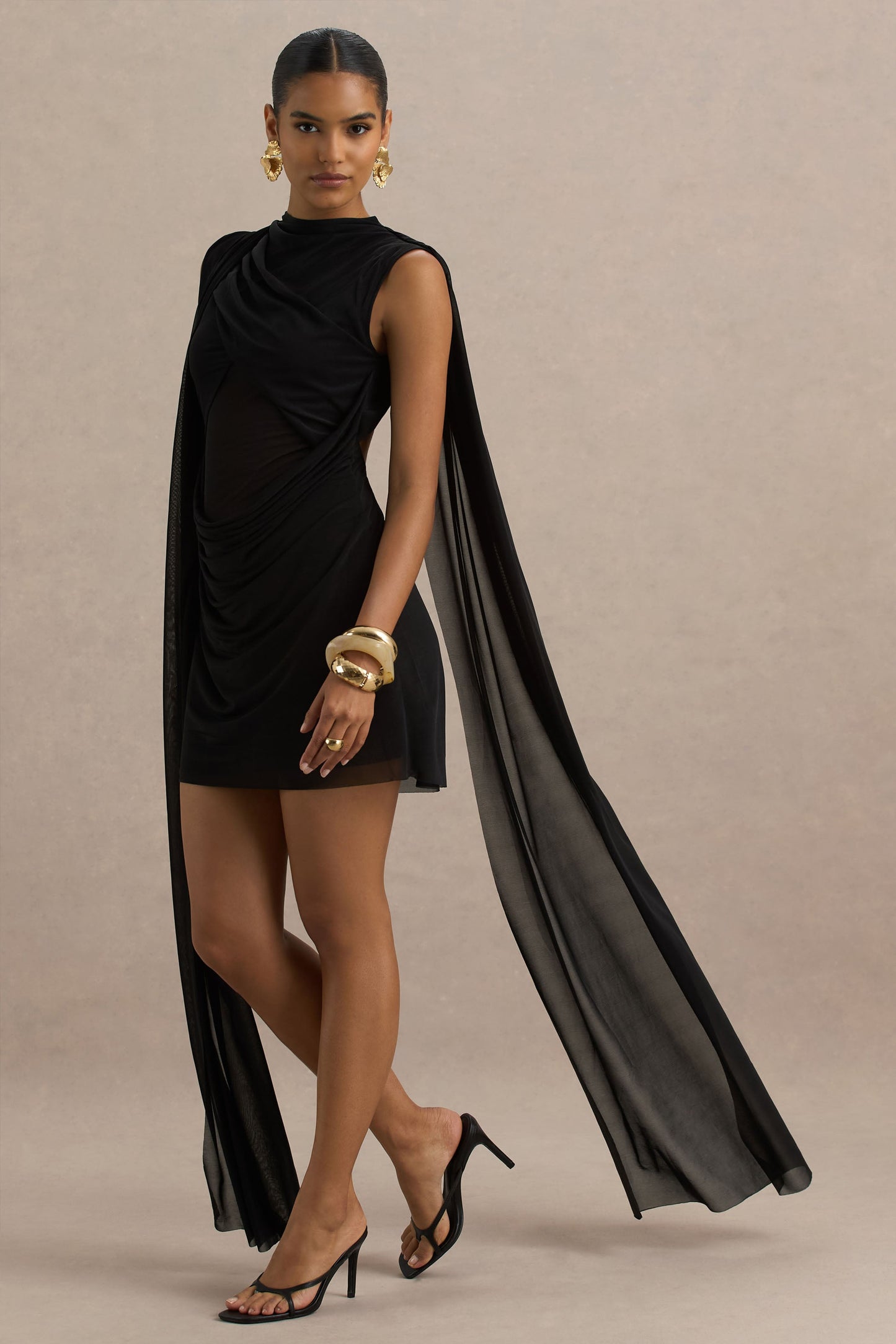 Riad | Black Chiffon Mini Dress With Two-Sleeve Cape