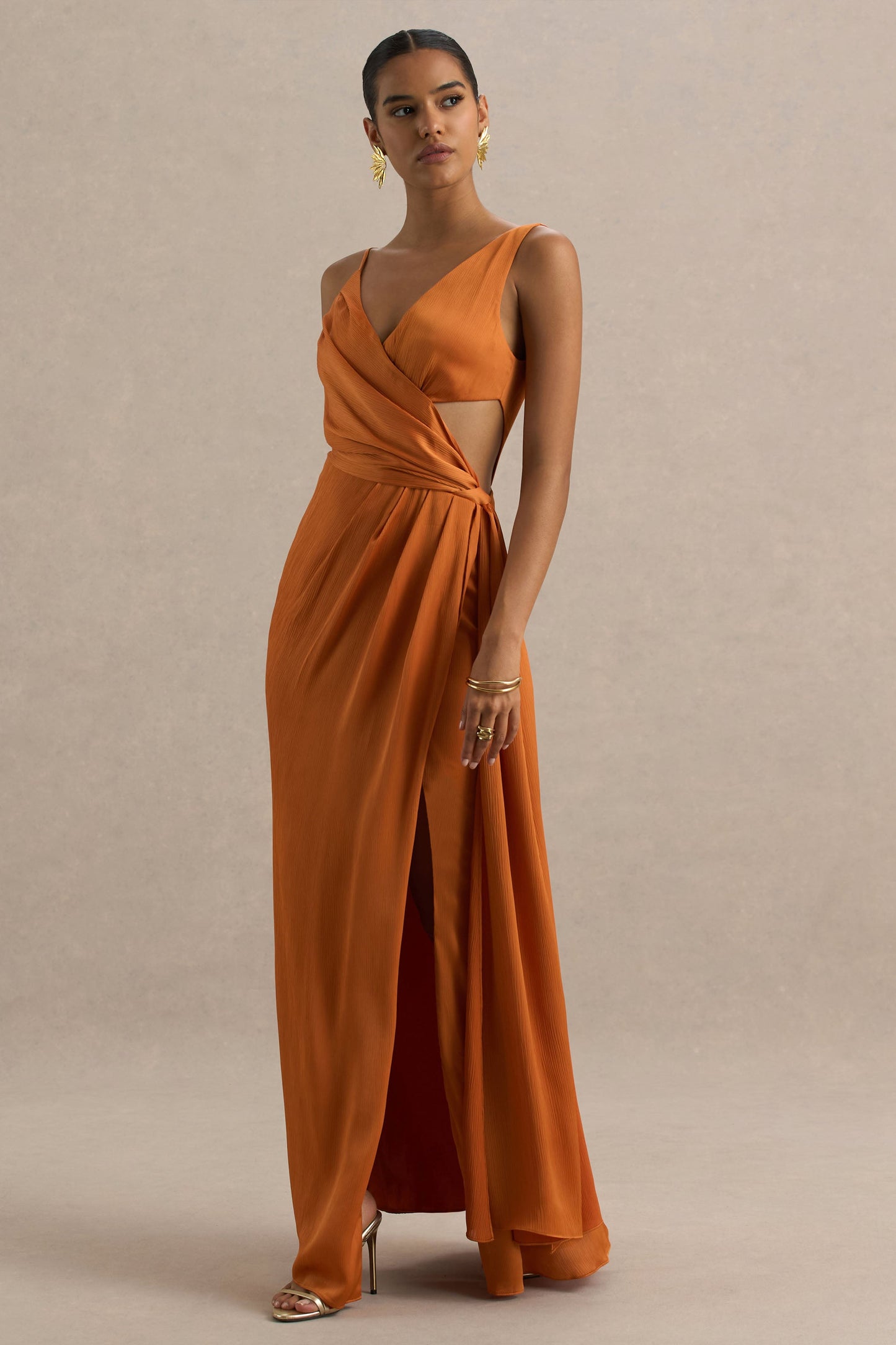 Livia | Orange Plunge-Neck Fishtail Maxi Dress