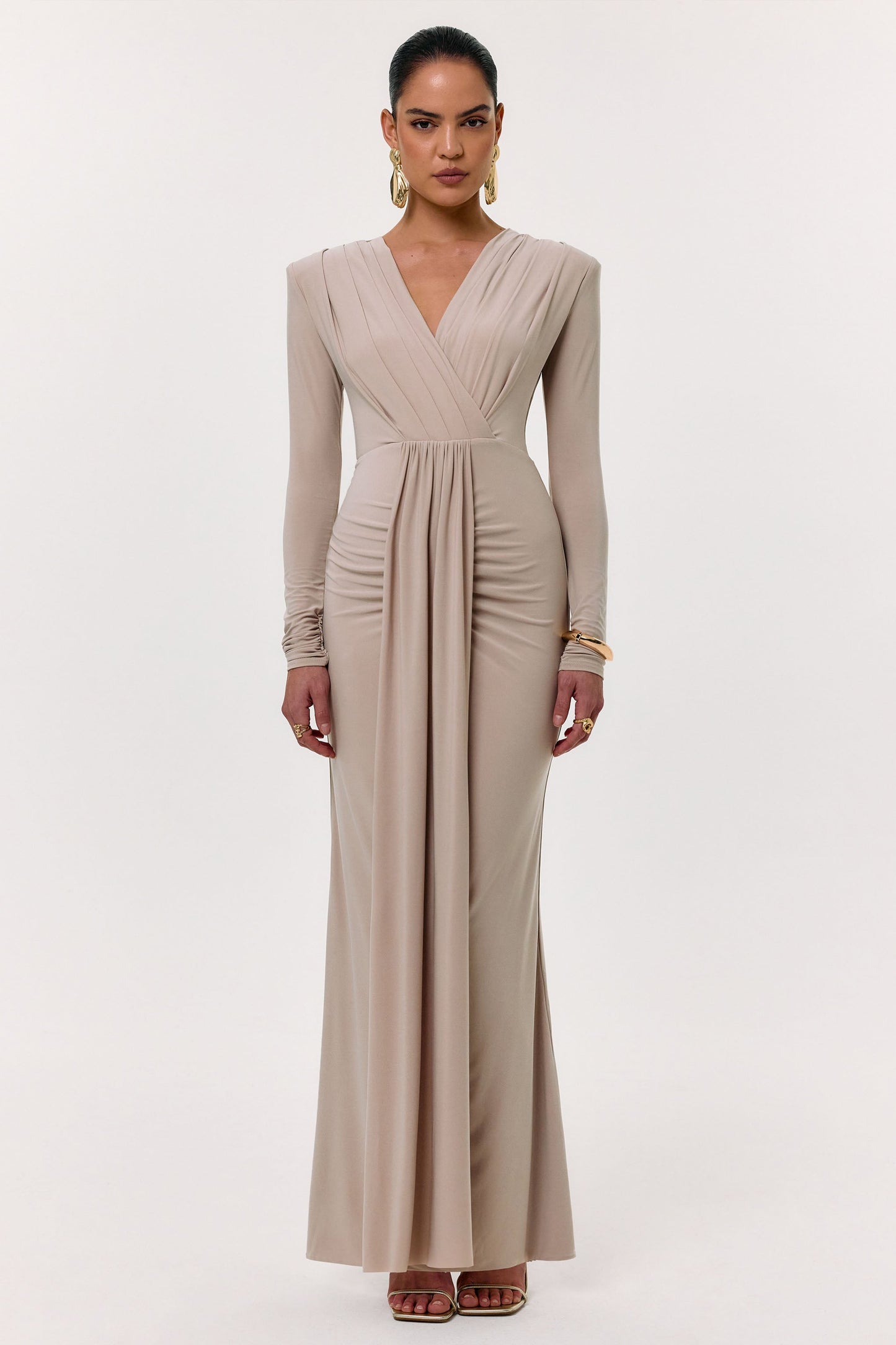 Flashy | Champagne Plunge-Neck Maxi Dress With Ruched Detailing
