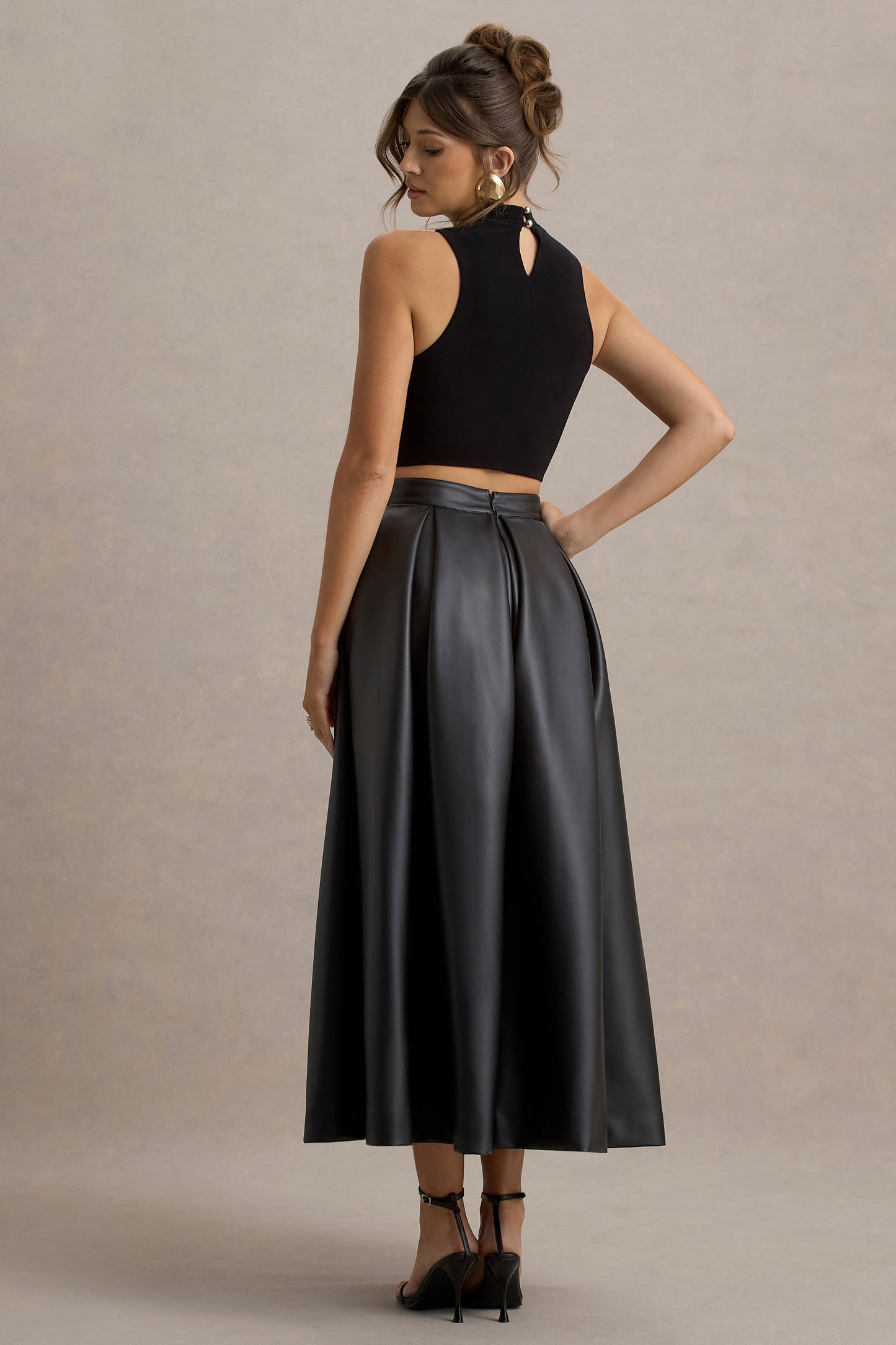 Noa | Black Faux Leather A-Line Midi Skirt