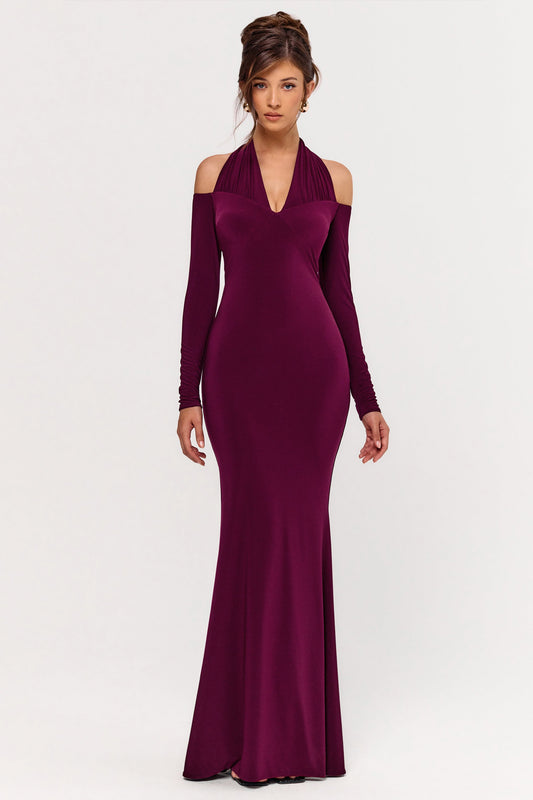 Living High | Burgundy Halter-Neck Maxi Dress With Long Sleeves