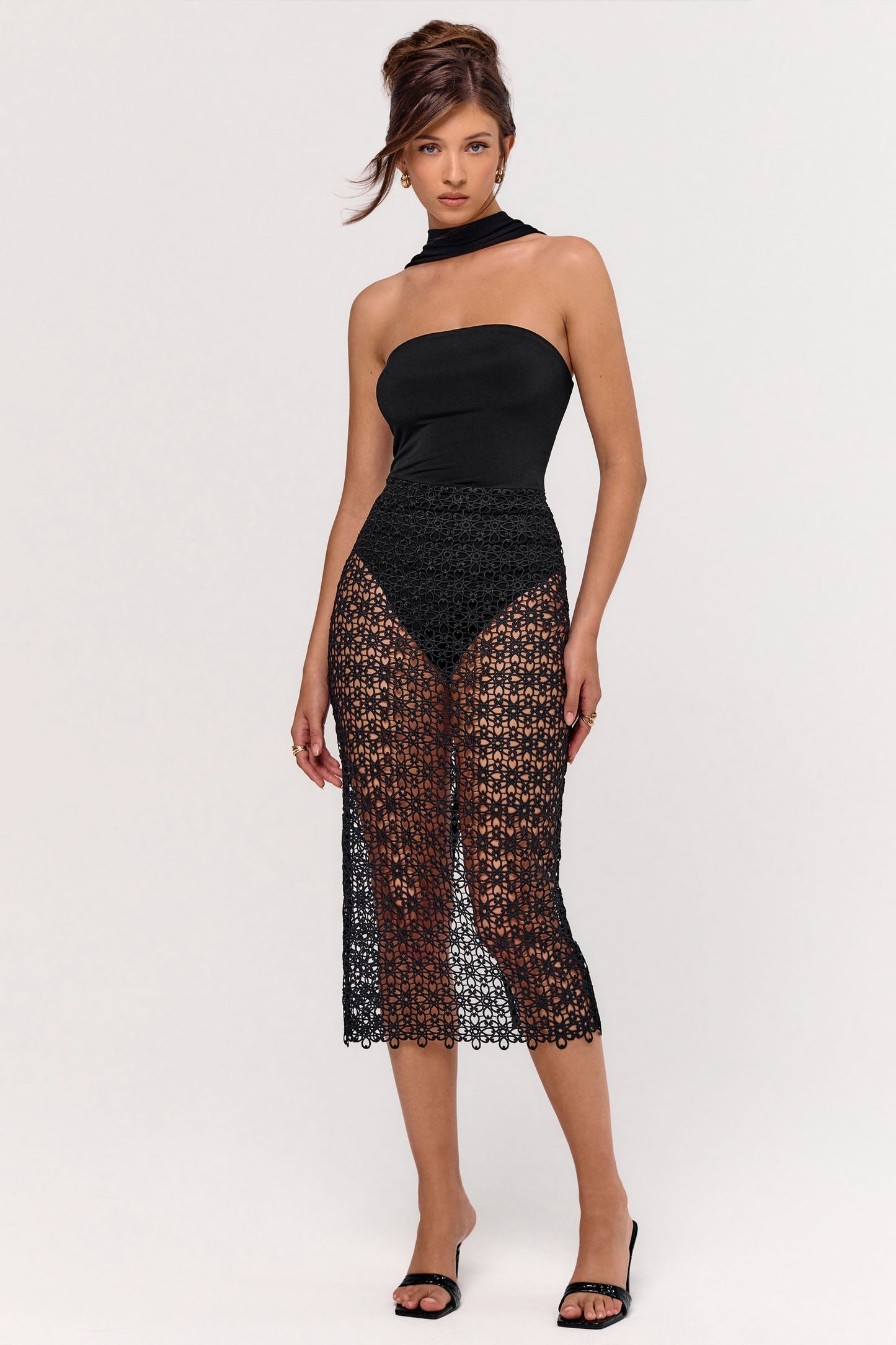 Tamala | Black High-Neck Midi Dress With Lace Skirt