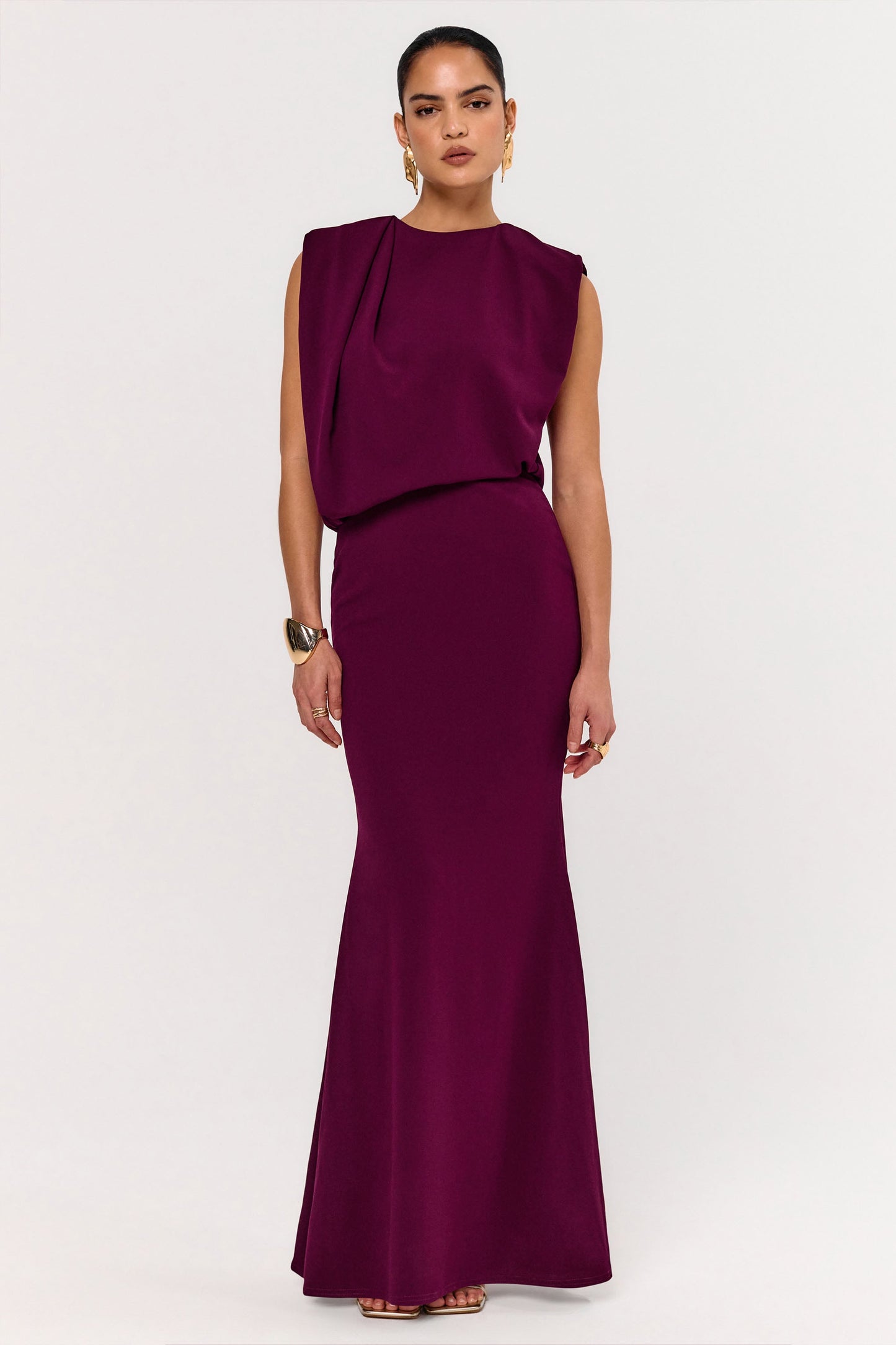 Meave | Burgundy High Neck Maxi Dress With Draping Detail