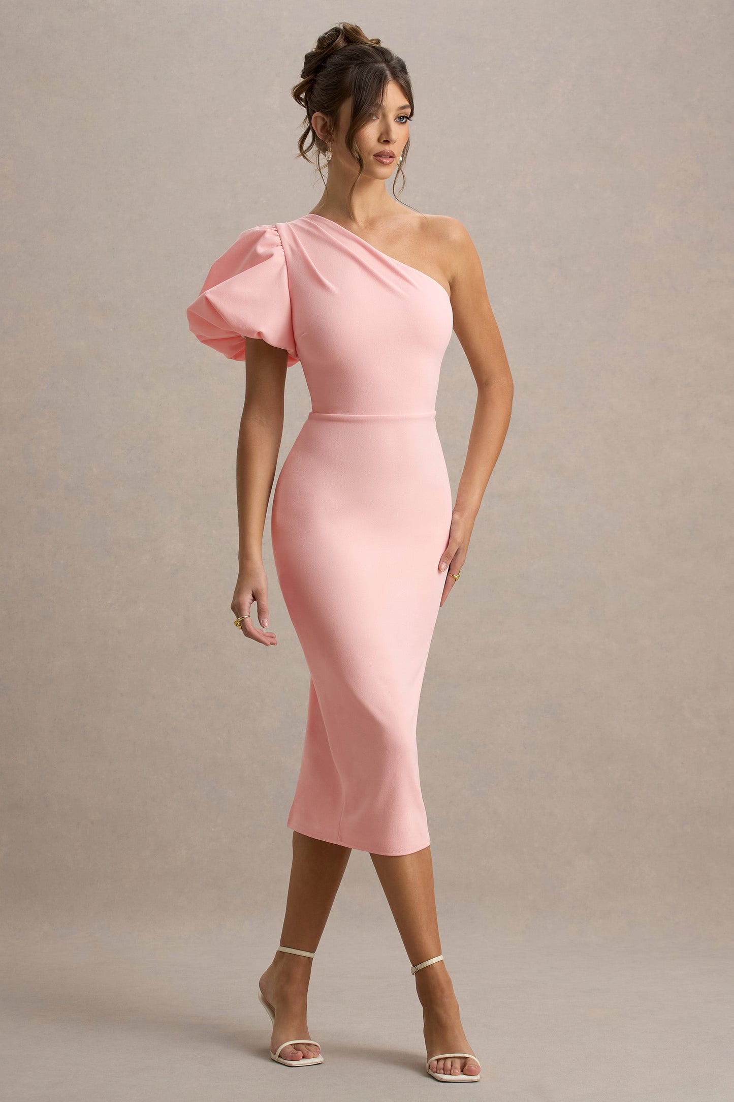 Aimee | Pink Asymmetric Puff-Sleeve Midi Dress