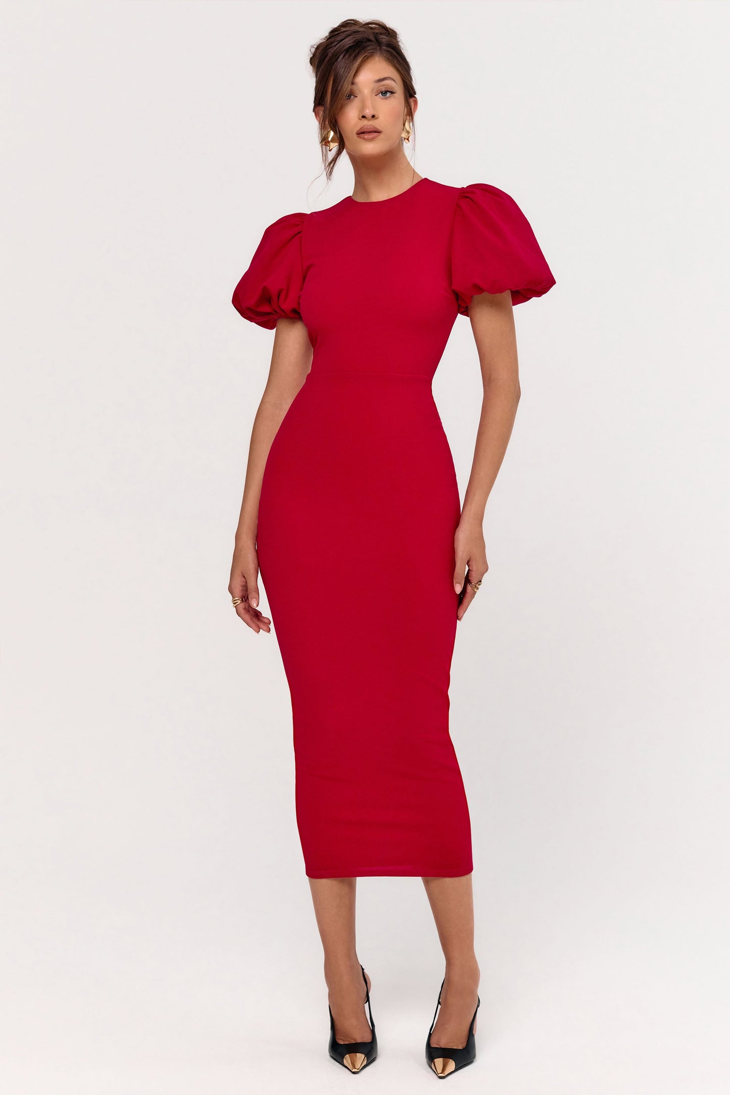 Dakota | Red Puff-Sleeve Midi Dress