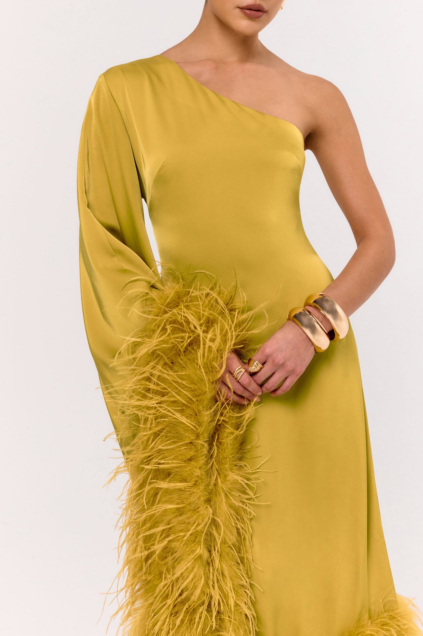 Destiny | Yellow Satin Asymmetric-Neck Midi Dress With Feather Details