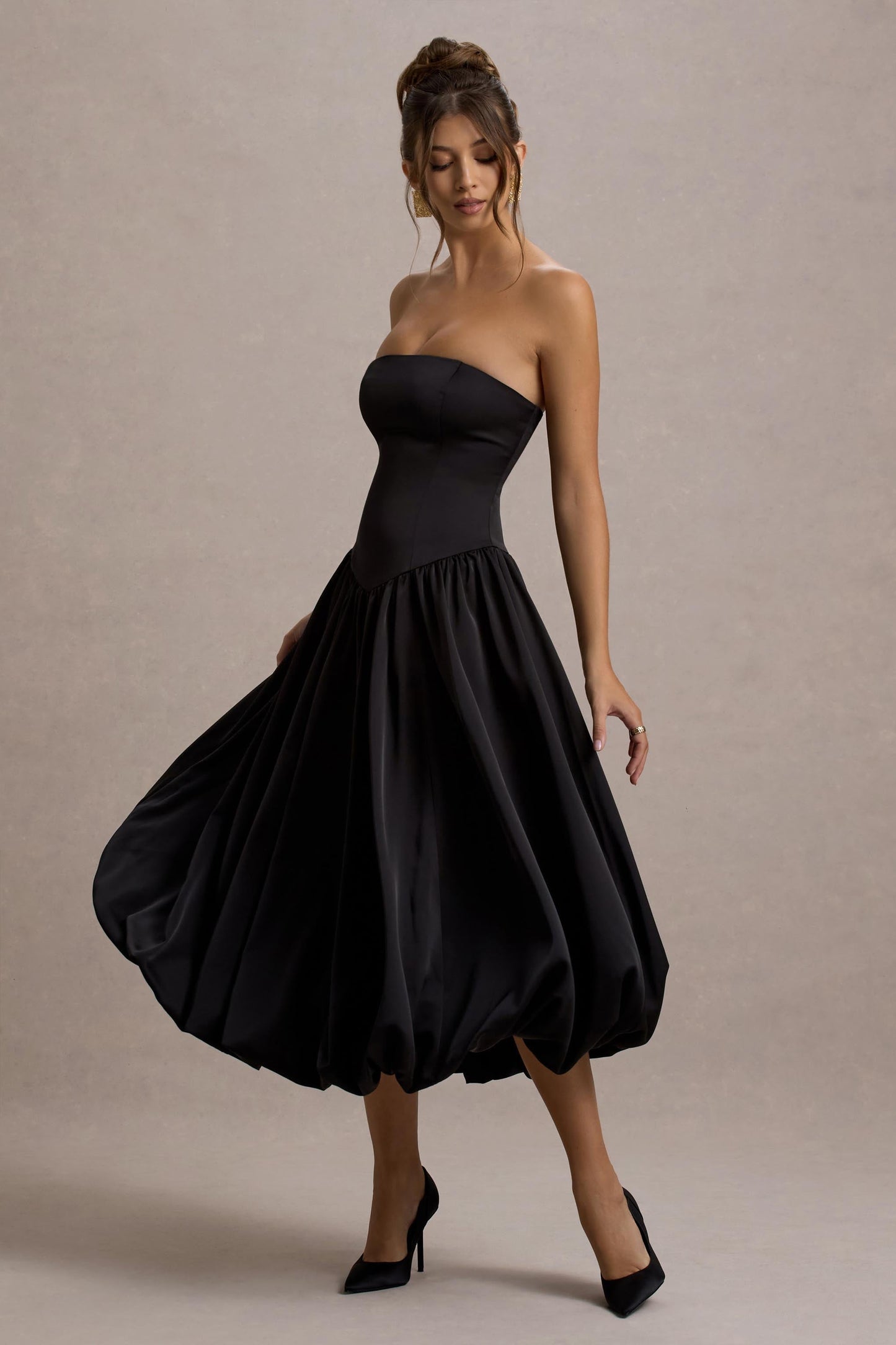 Keyton | Black Satin Bandeau Midi Dress