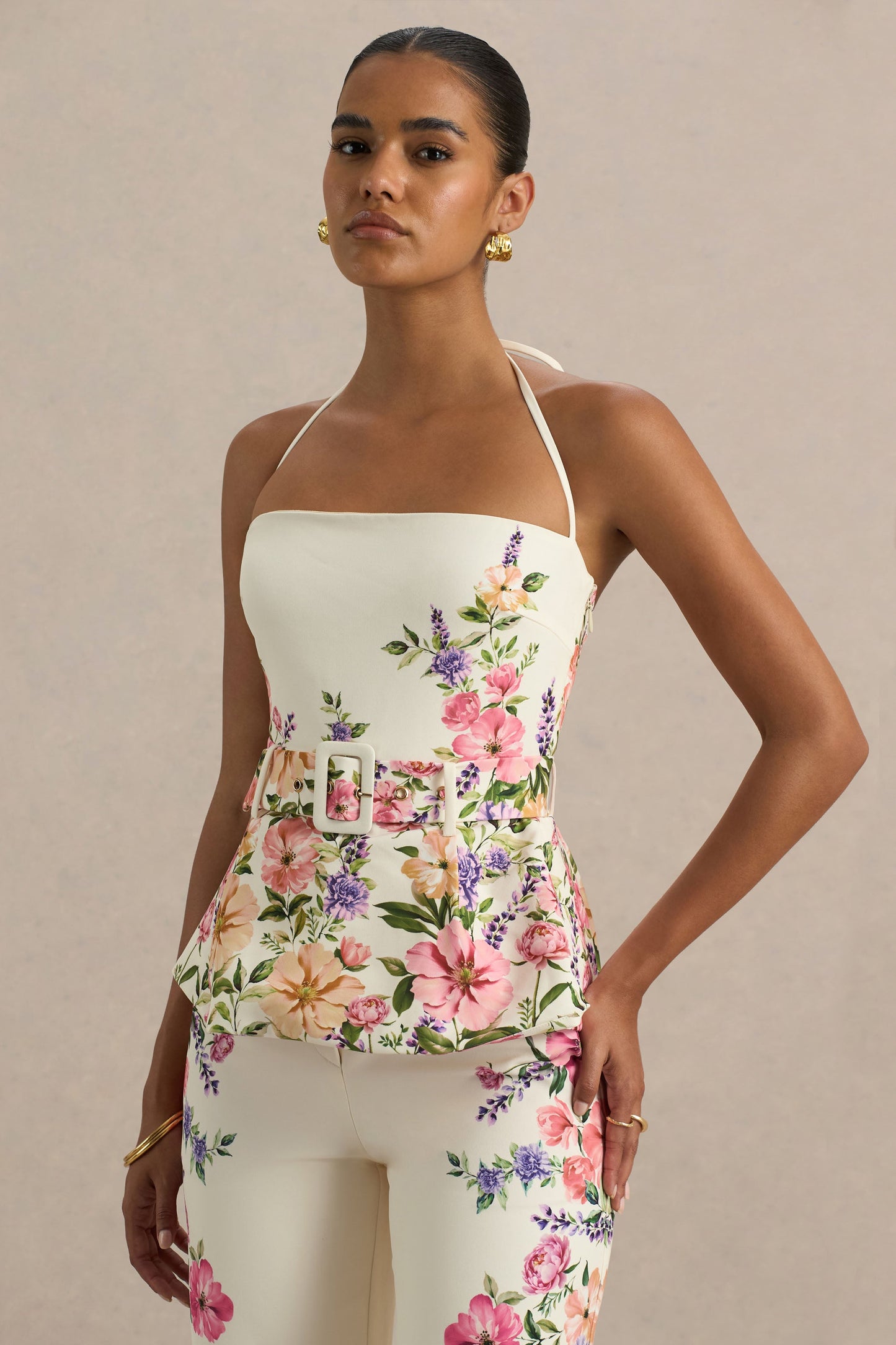 Maud | White Floral Border Print Square-Neck Tailored Top