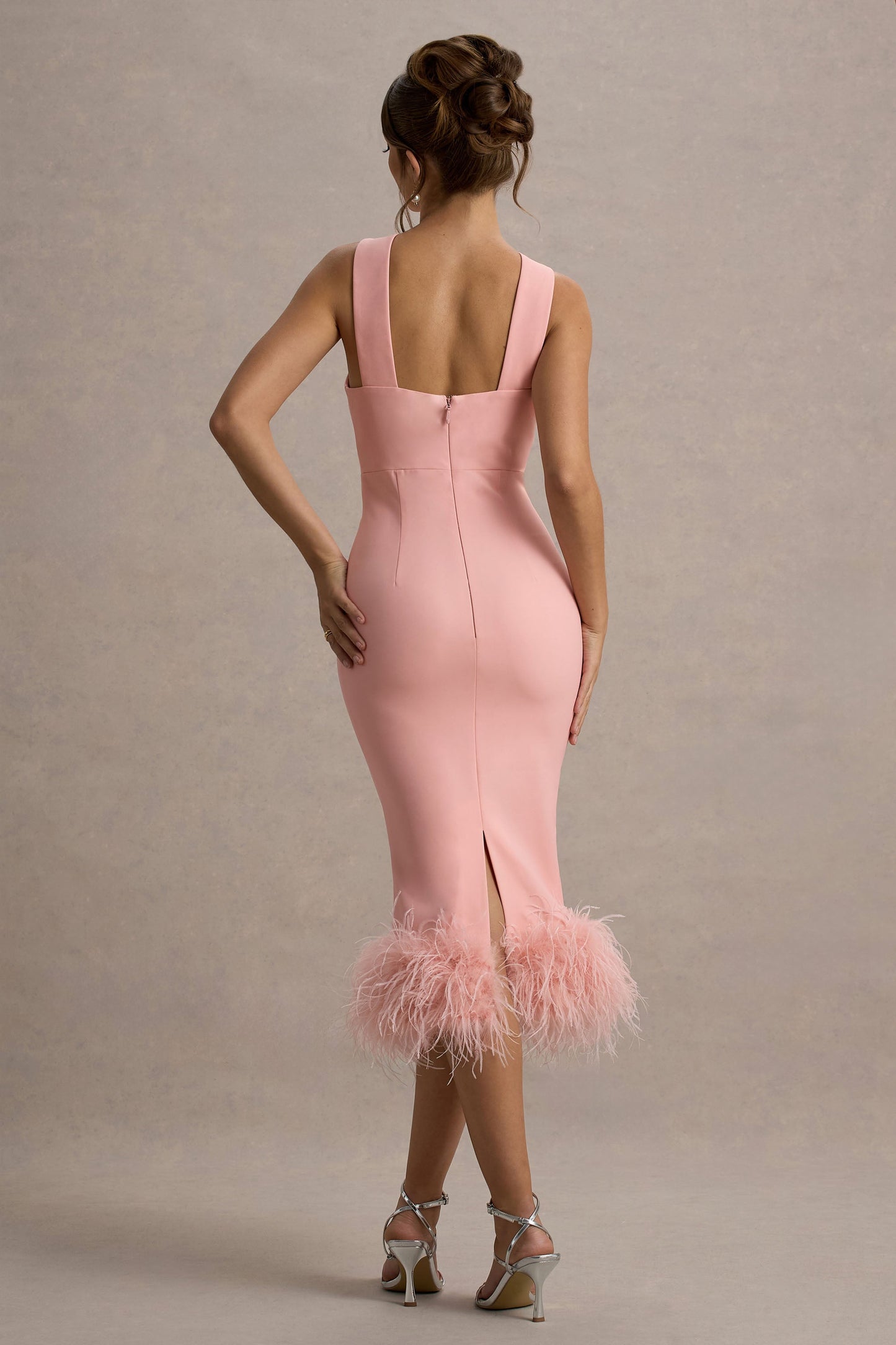 Titania | Pink Twist-Neck Feather Hem Midi Dress