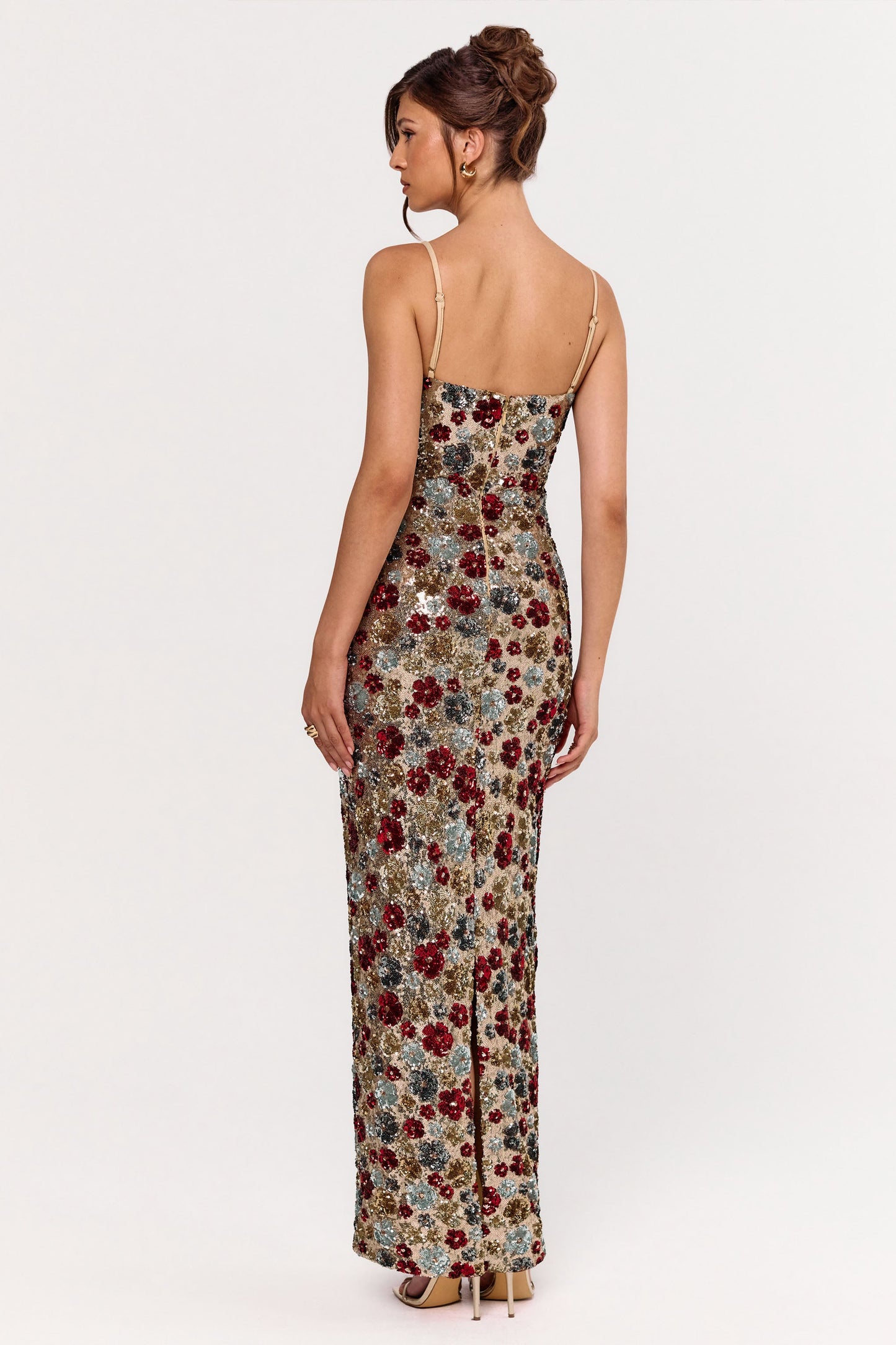 Vitora | Red Floral Sequin Square-Neck Maxi Dress