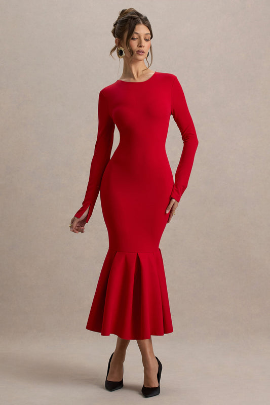 Liberty | Red High Neck Mermaid Maxi Dress With Ruffling Detail