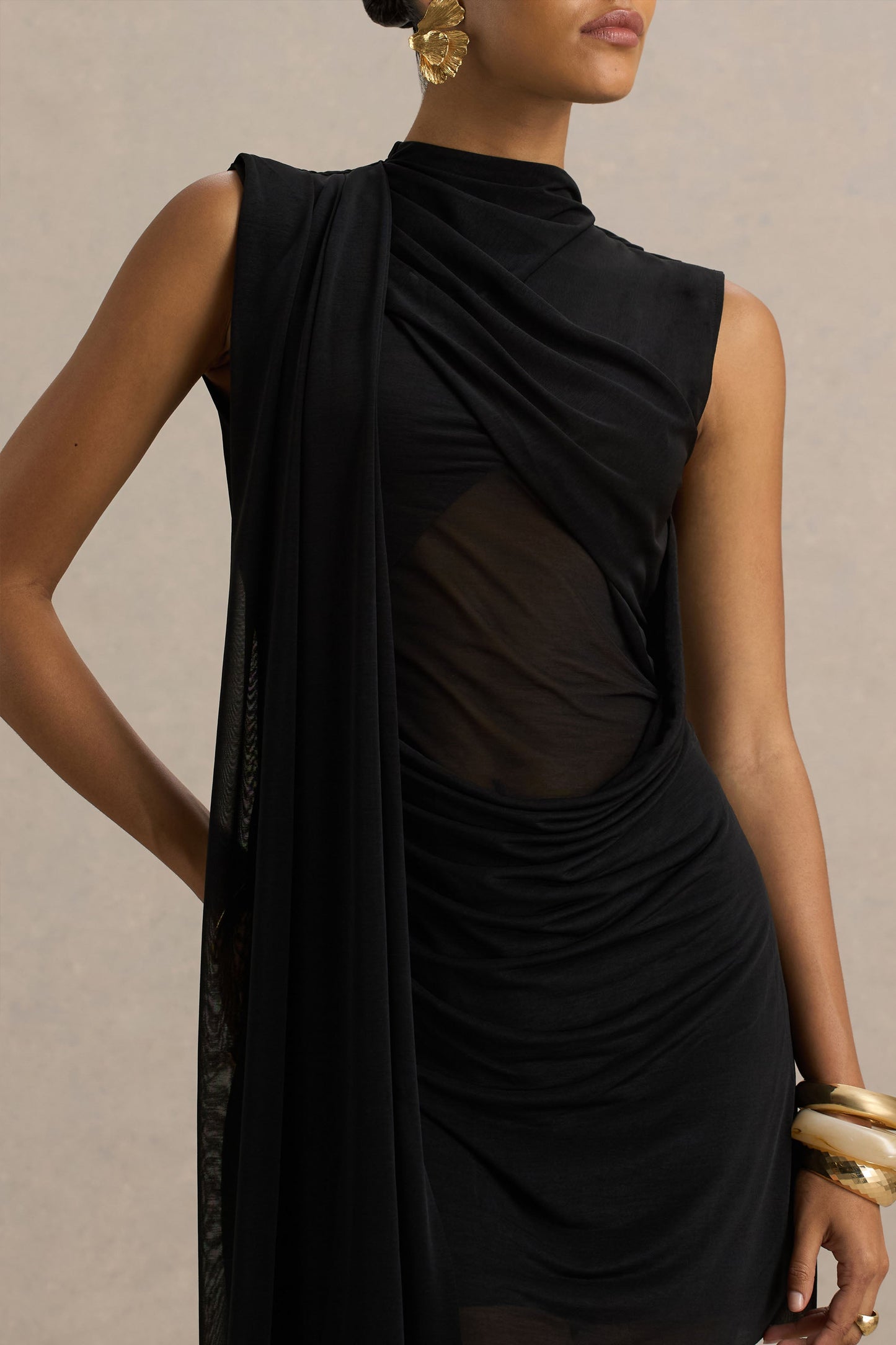 Riad | Black Chiffon Mini Dress With Two-Sleeve Cape