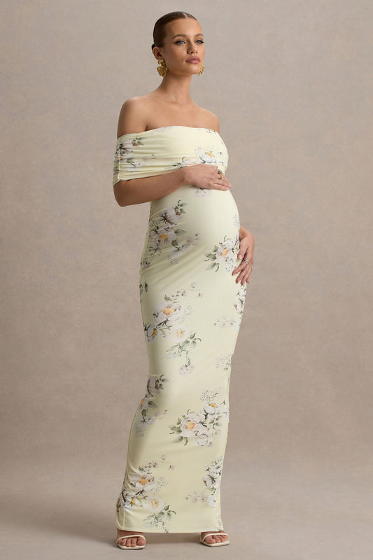 Cindy | Lemon Floral Bouquet Print Bardor-Neck Maternity Maxi Dress With Ruched Detail