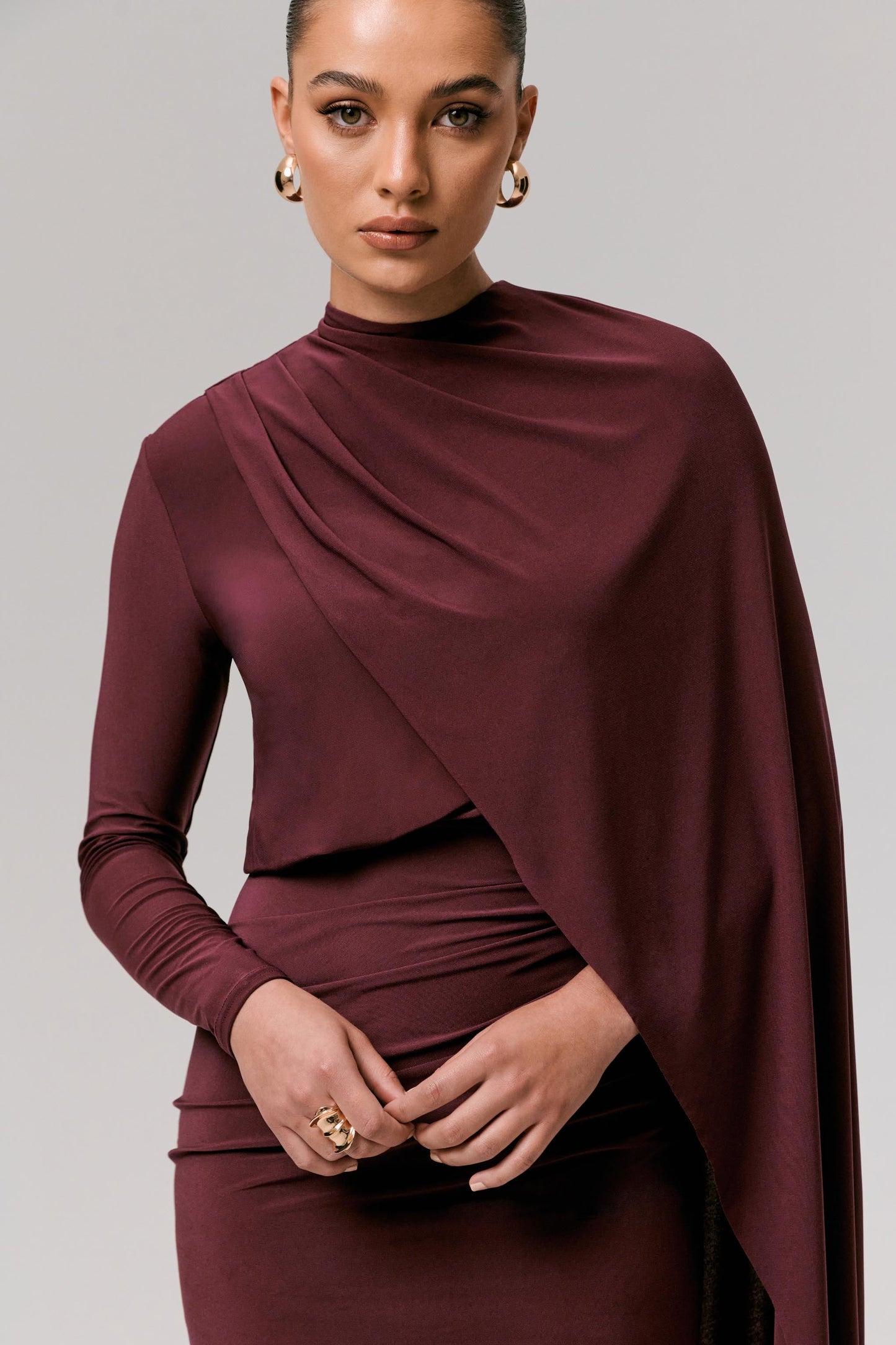 Celeste | Burgundy Long-Sleeve Mini Dress With Cape Sleeve