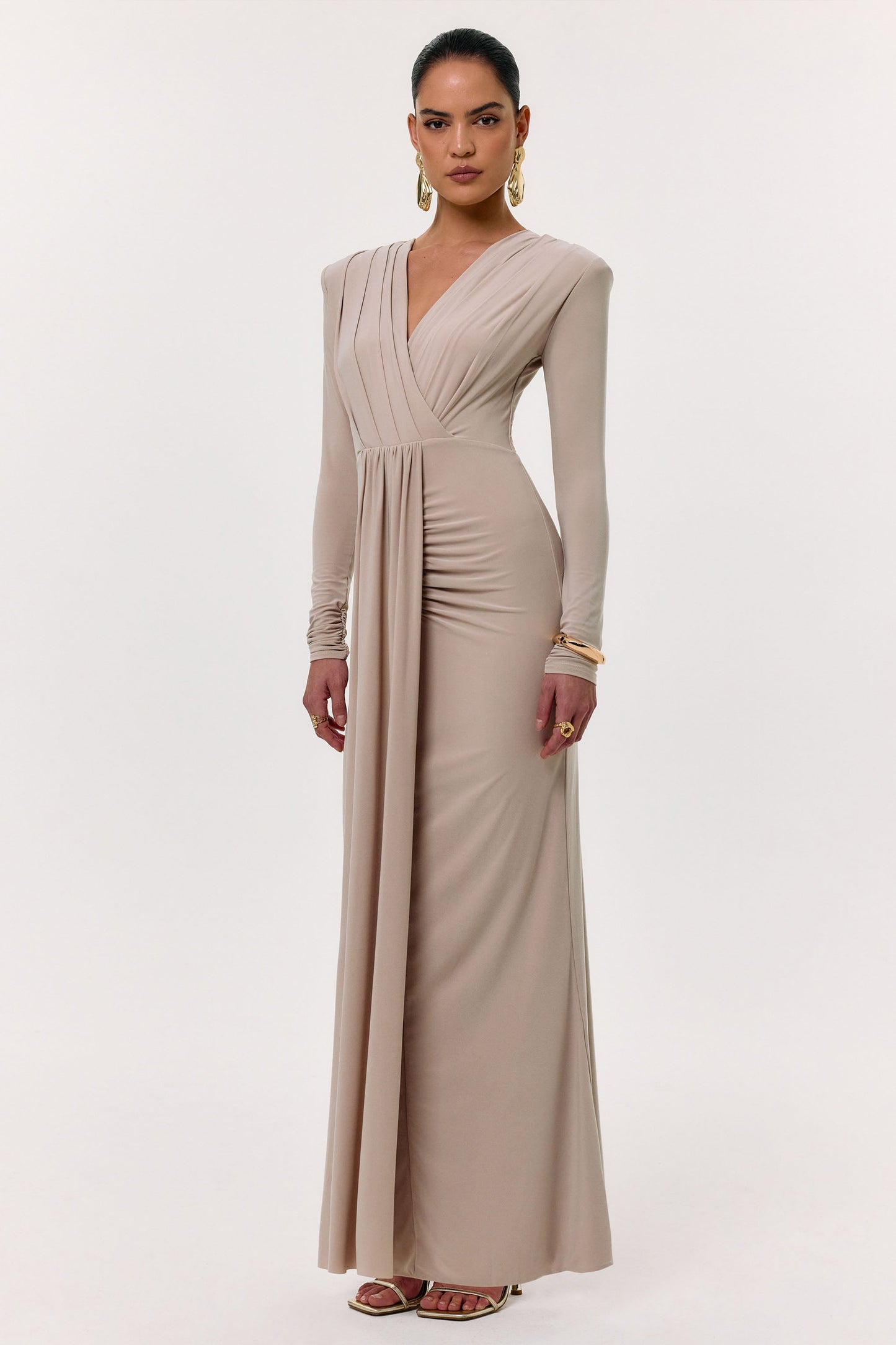 Flashy | Champagne Plunge-Neck Maxi Dress With Ruched Detailing