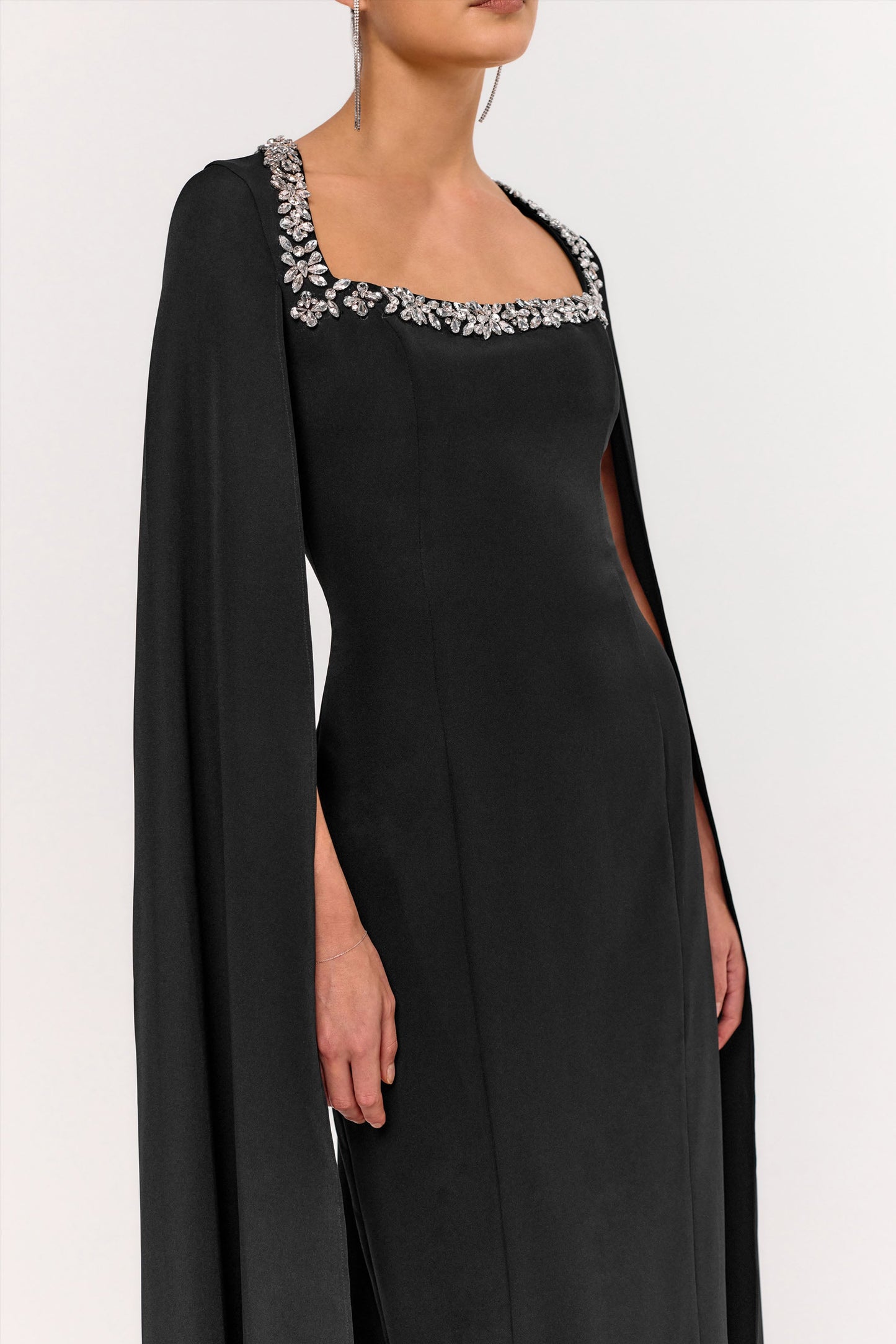 Glossy | Black Woven Square-Neck Maxi Dress With Cape Sleeves and Embellished Detail