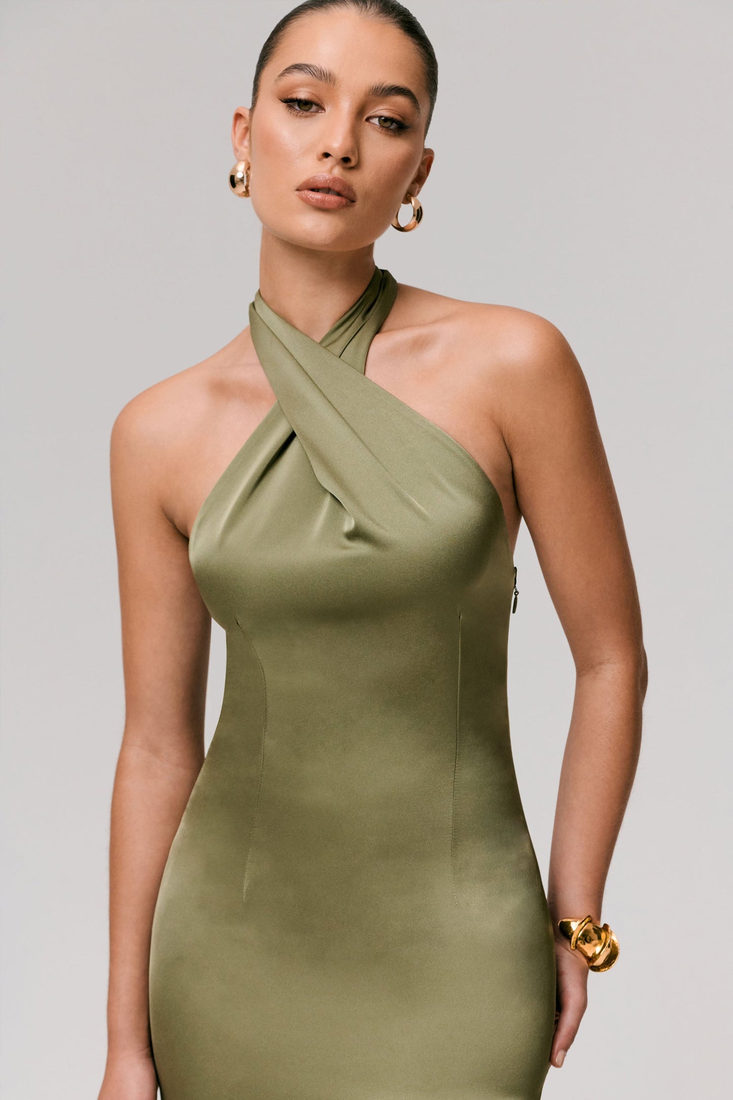 Sansa | Khaki Satin Cross Halter-Neck Plisse Maxi Dress