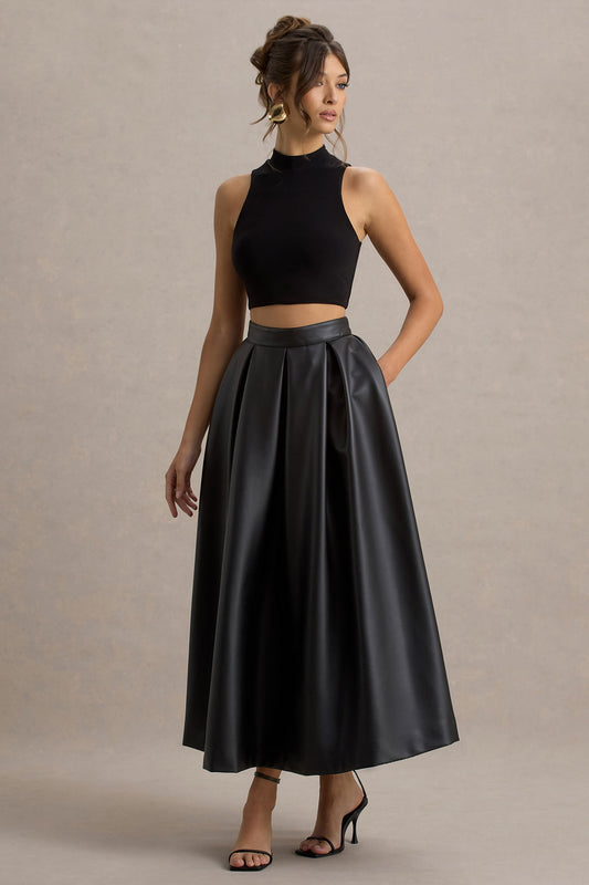 Noa | Black Faux Leather A-Line Midi Skirt