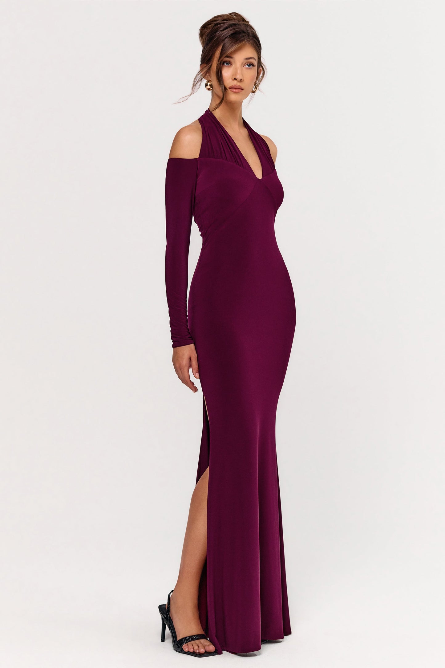 Living High | Burgundy Halter-Neck Maxi Dress With Long Sleeves