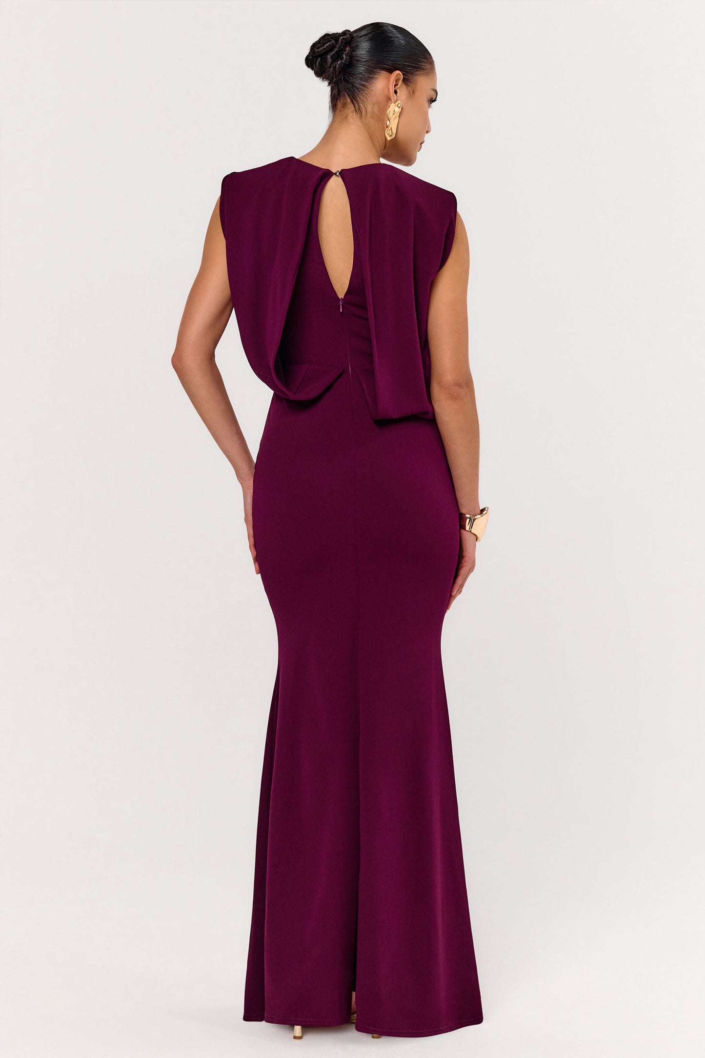Meave | Burgundy High Neck Maxi Dress With Draping Detail