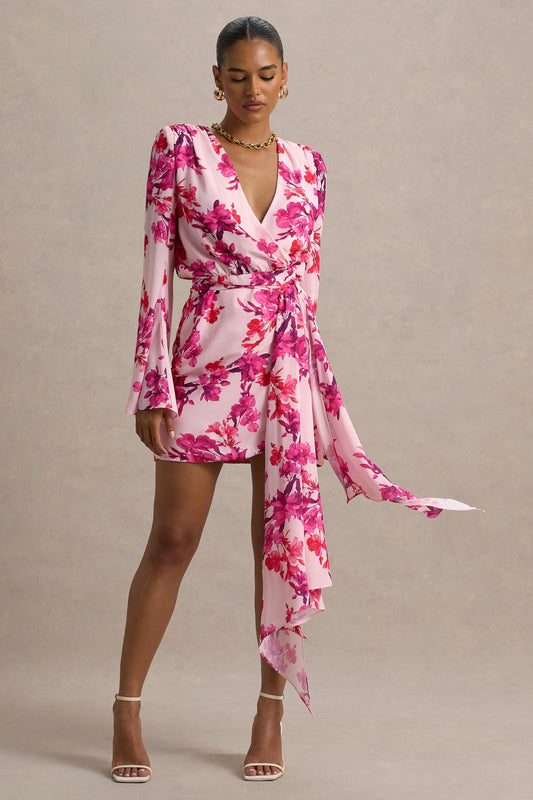 Goldie | Pink Floral Print Chiffon Long-Sleeve Wrap Mini Dress
