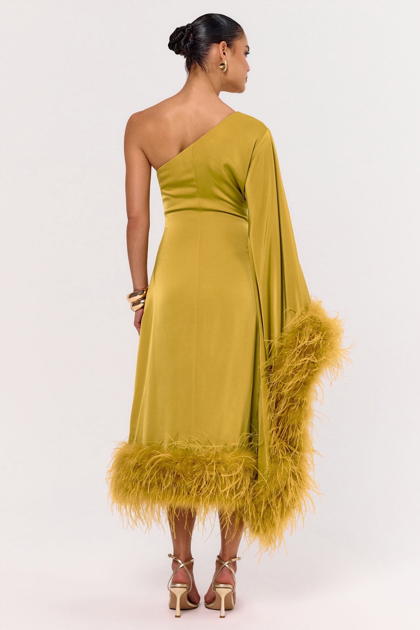 Destiny | Yellow Satin Asymmetric-Neck Midi Dress With Feather Details
