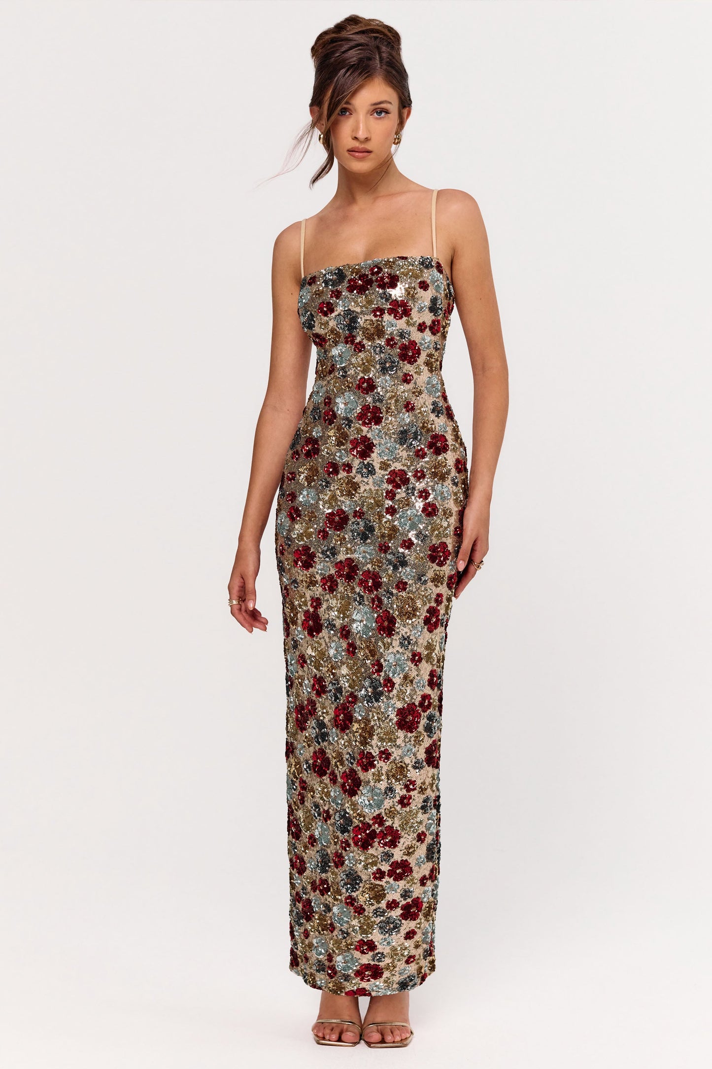 Vitora | Red Floral Sequin Square-Neck Maxi Dress