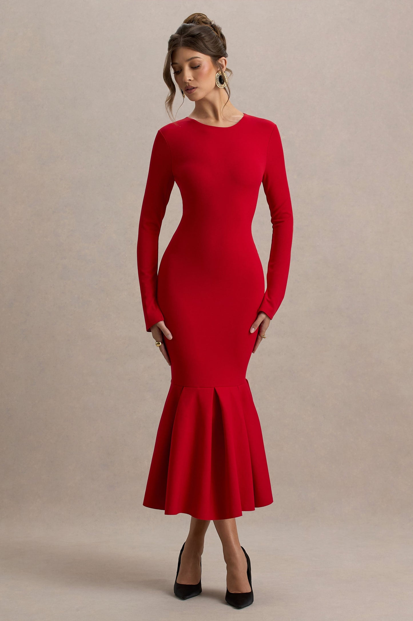 Liberty | Red High Neck Mermaid Maxi Dress With Ruffling Detail