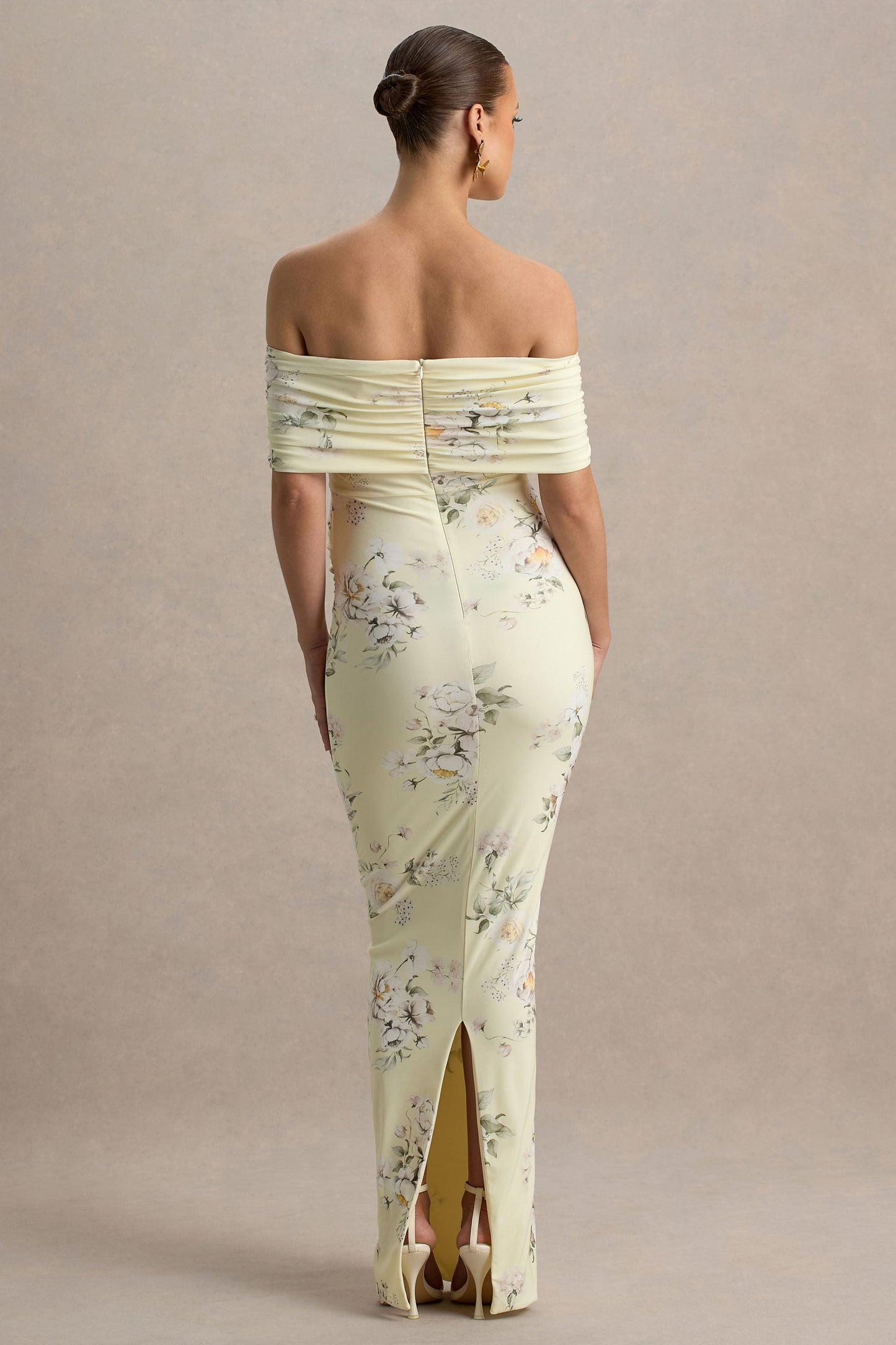 Cindy | Lemon Floral Bouquet Print Bardor-Neck Maternity Maxi Dress With Ruched Detail