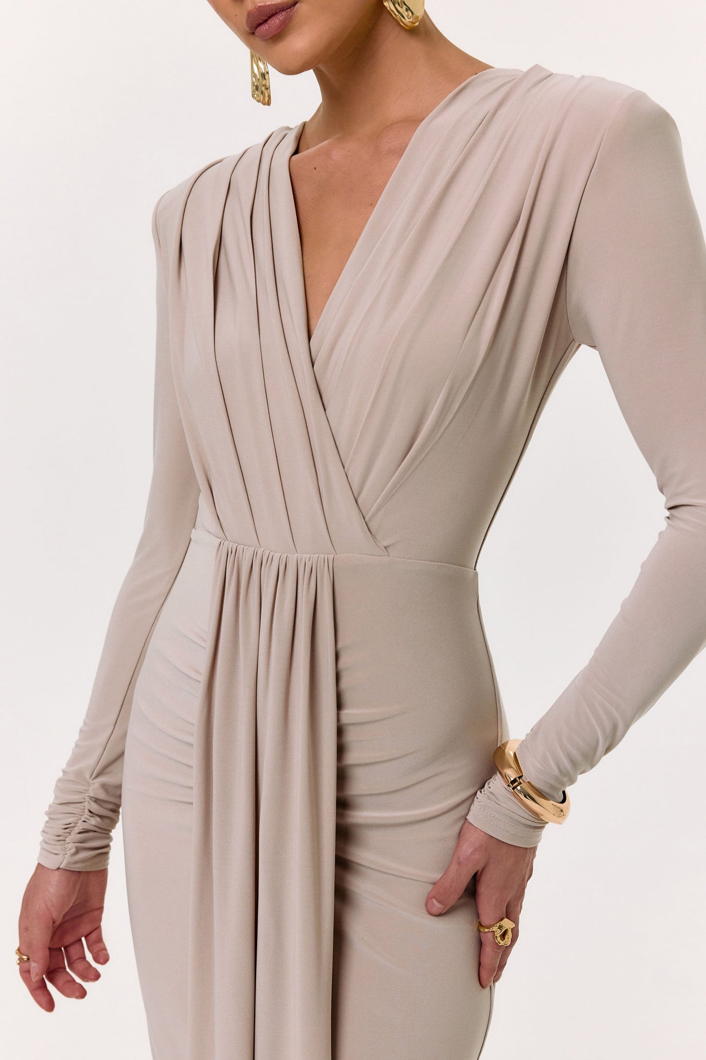 Flashy | Champagne Plunge-Neck Maxi Dress With Ruched Detailing